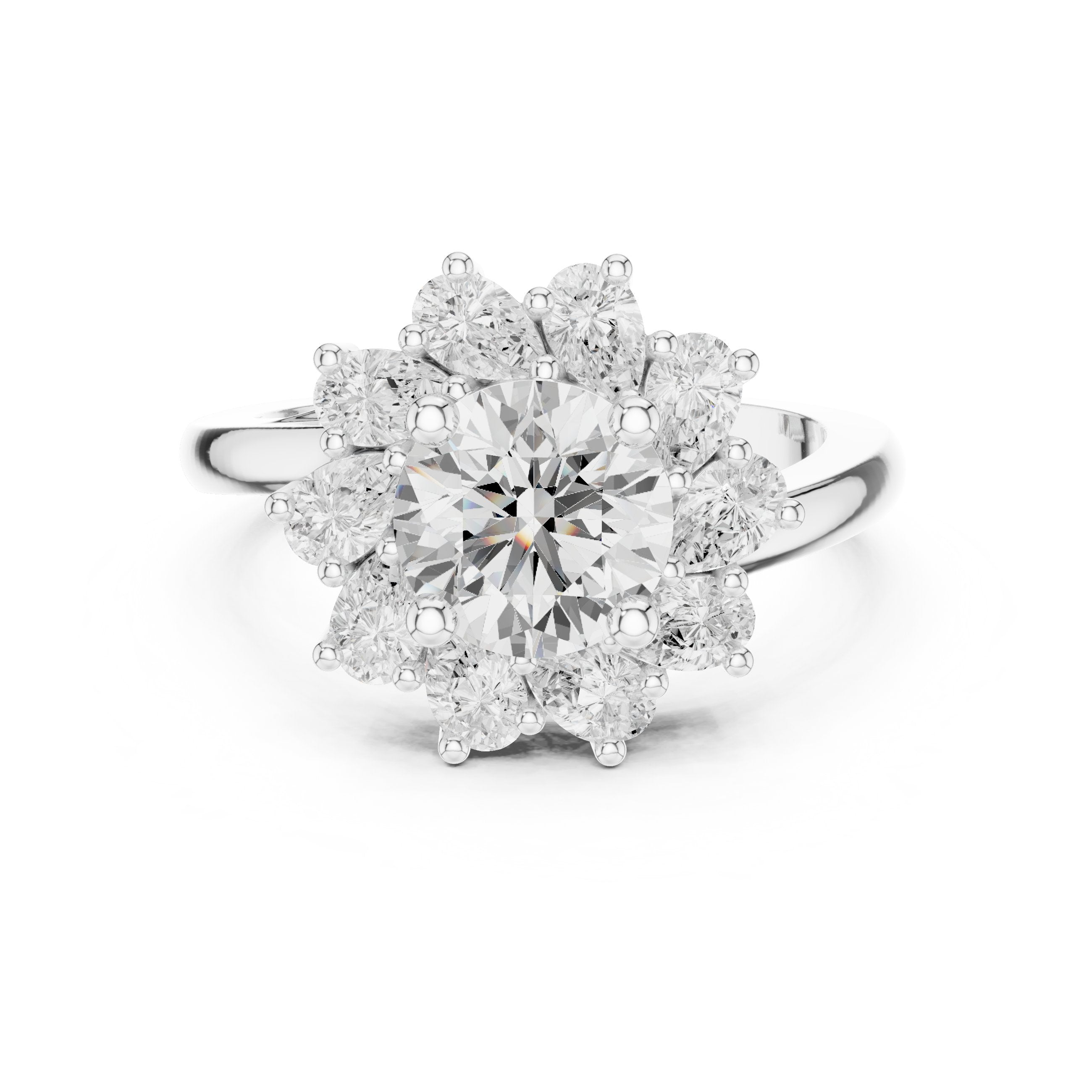 خاتم خطوبة بألماس مستدير وهالة زهرية in White Gold - VYKA Diamonds