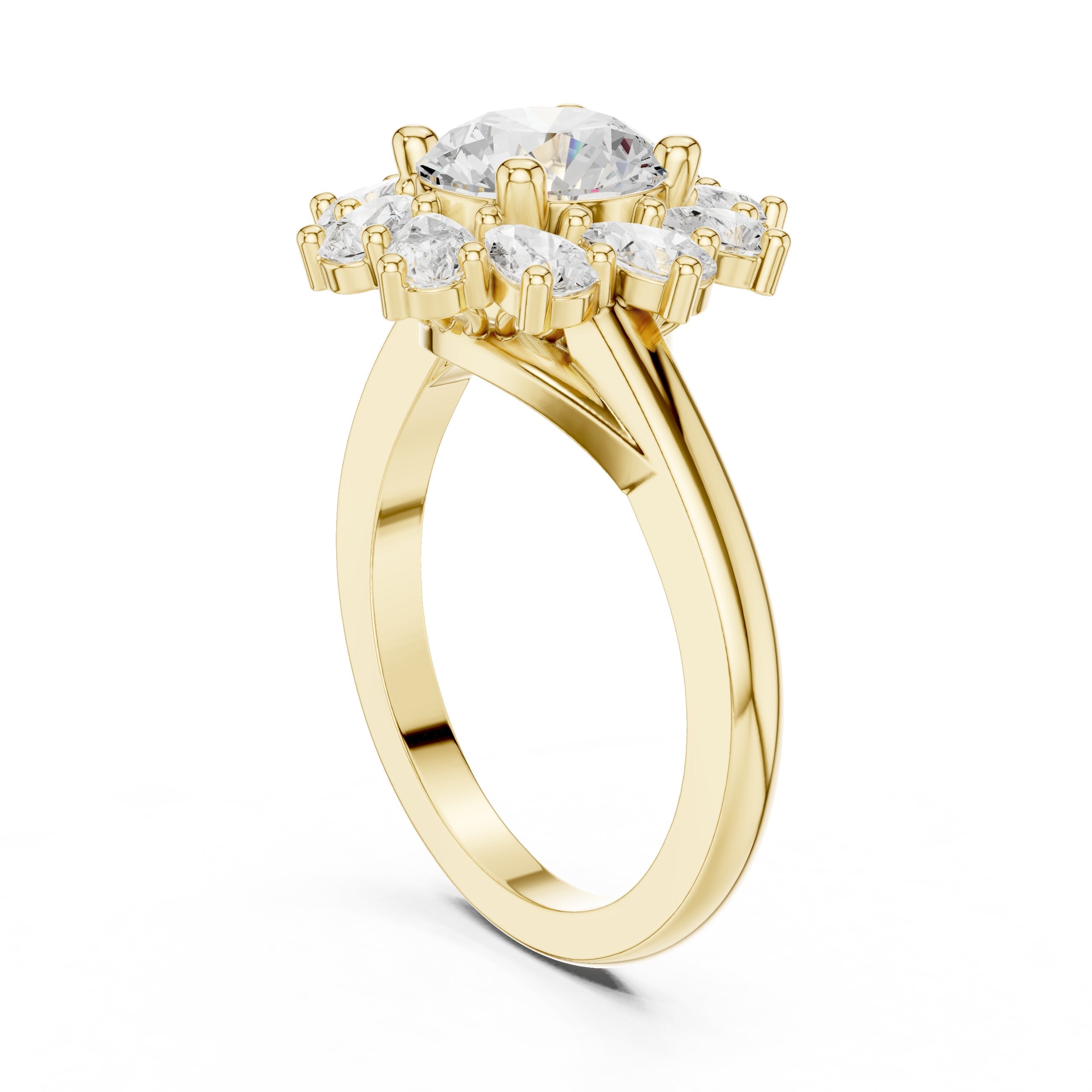 خاتم خطوبة بألماس مستدير وهالة زهرية in Yellow Gold - VYKA Diamonds