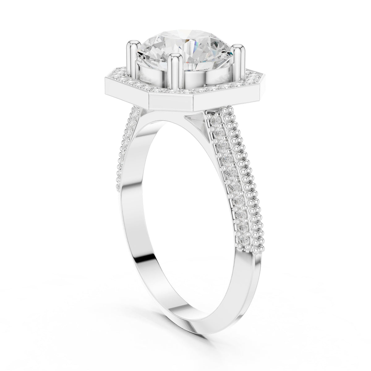 Round Diamond Octagonal Halo Engagement Ring with Split Shank Pavé Band