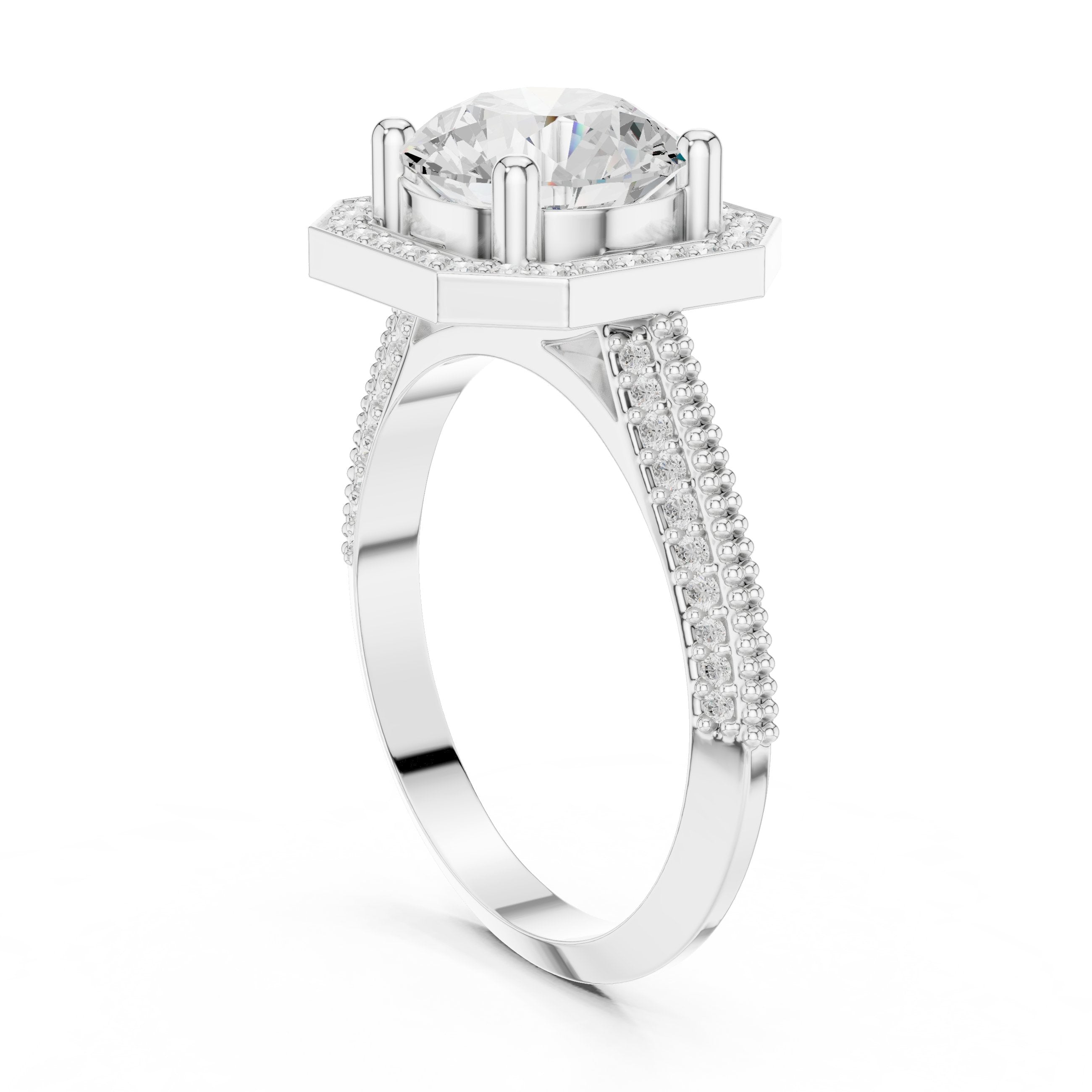 Round Diamond Octagonal Halo Engagement Ring with Split Shank Pavé Band in White Gold - VYKA Diamonds