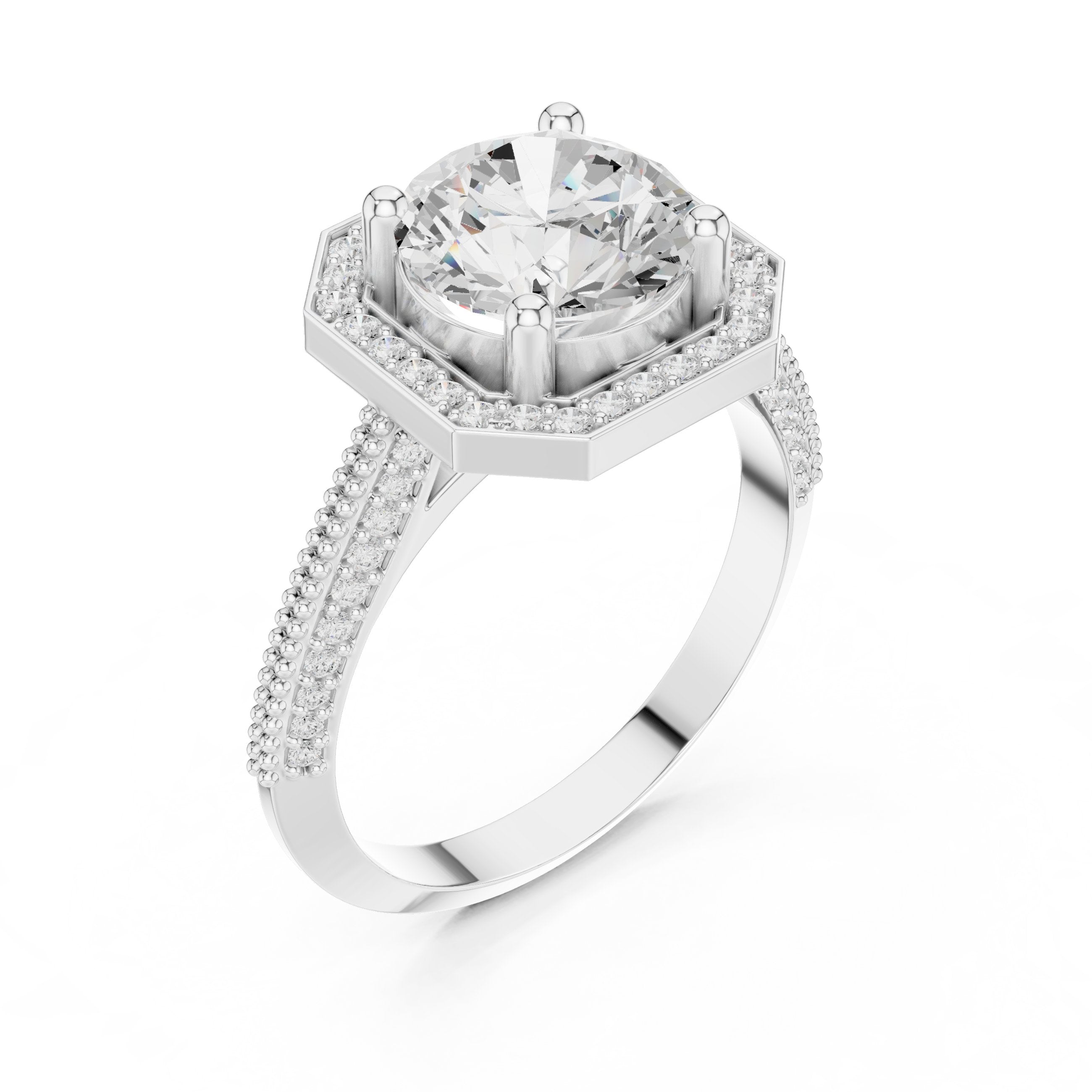 Round Diamond Octagonal Halo Engagement Ring with Split Shank Pavé Band in White Gold - VYKA Diamonds