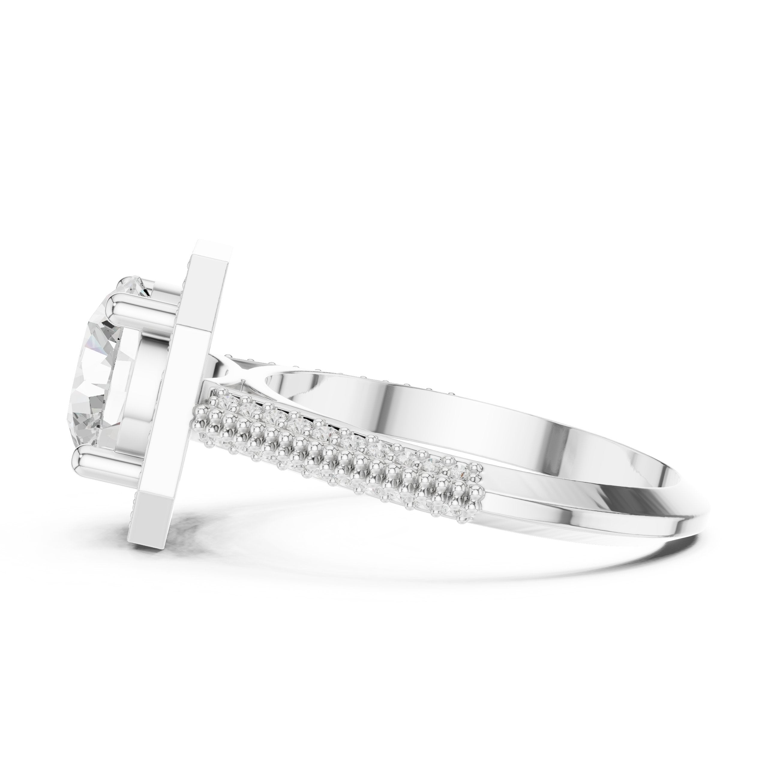 Round Diamond Octagonal Halo Engagement Ring with Split Shank Pavé Band in White Gold - VYKA Diamonds