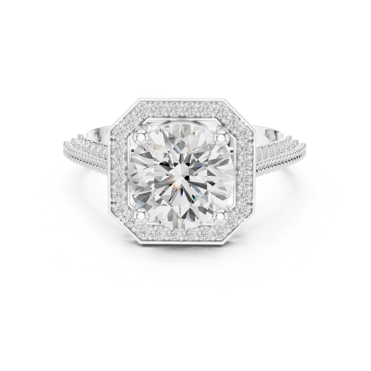 Round Diamond Octagonal Halo Engagement Ring with Split Shank Pavé Band