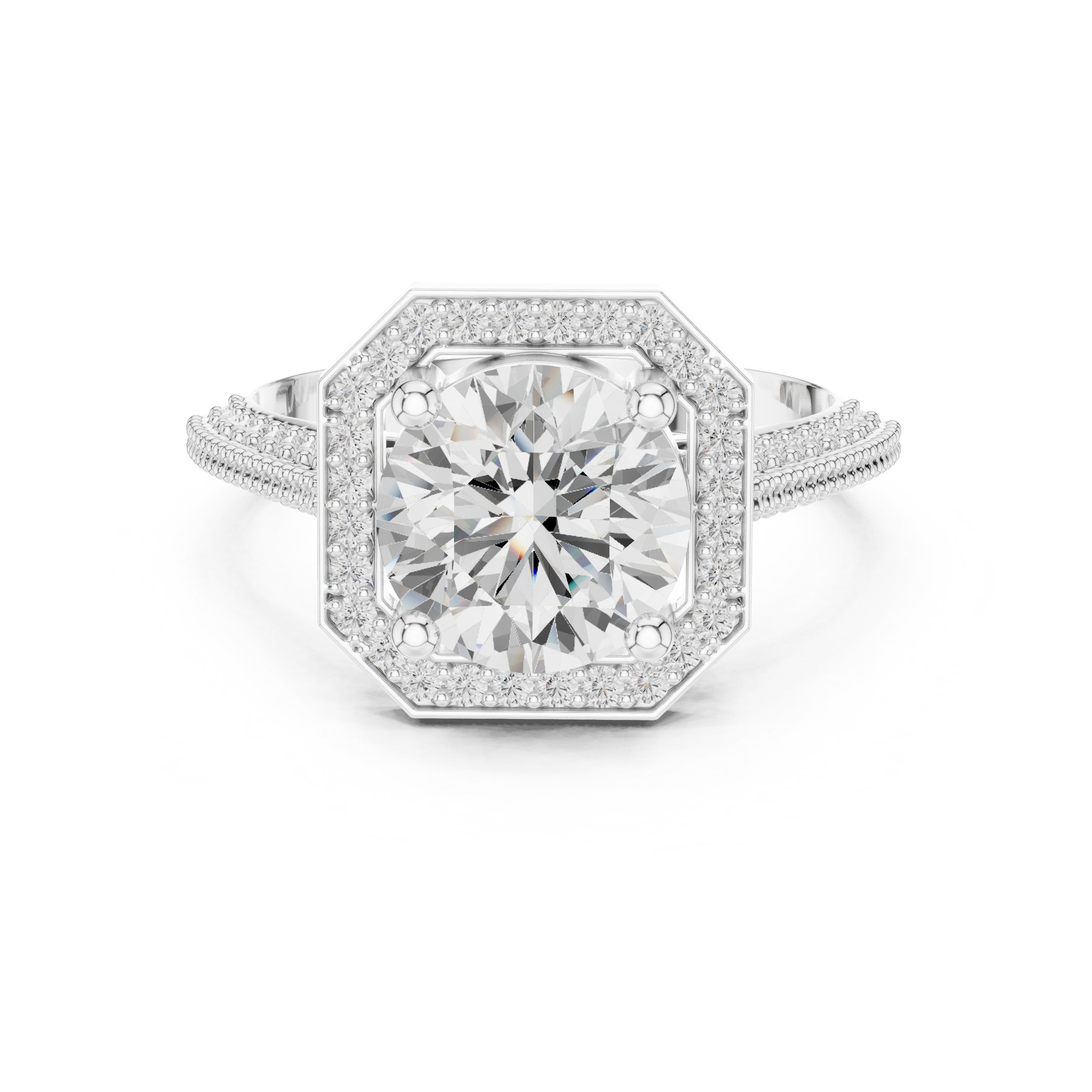 Round Diamond Octagonal Halo Engagement Ring with Split Shank Pavé Band in White Gold - VYKA Diamonds