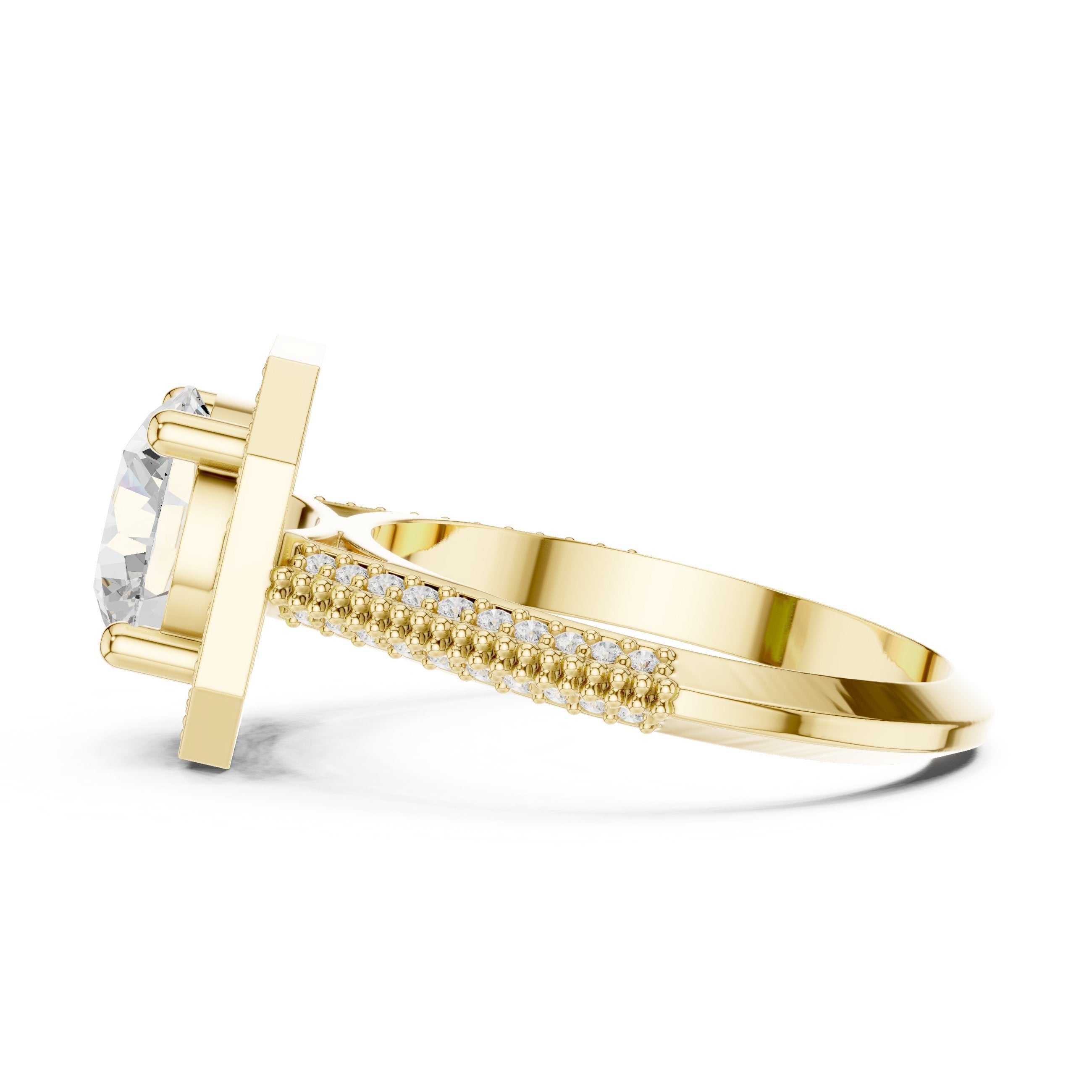 Round Diamond Octagonal Halo Engagement Ring with Split Shank Pavé Band in Yellow Gold - VYKA Diamonds