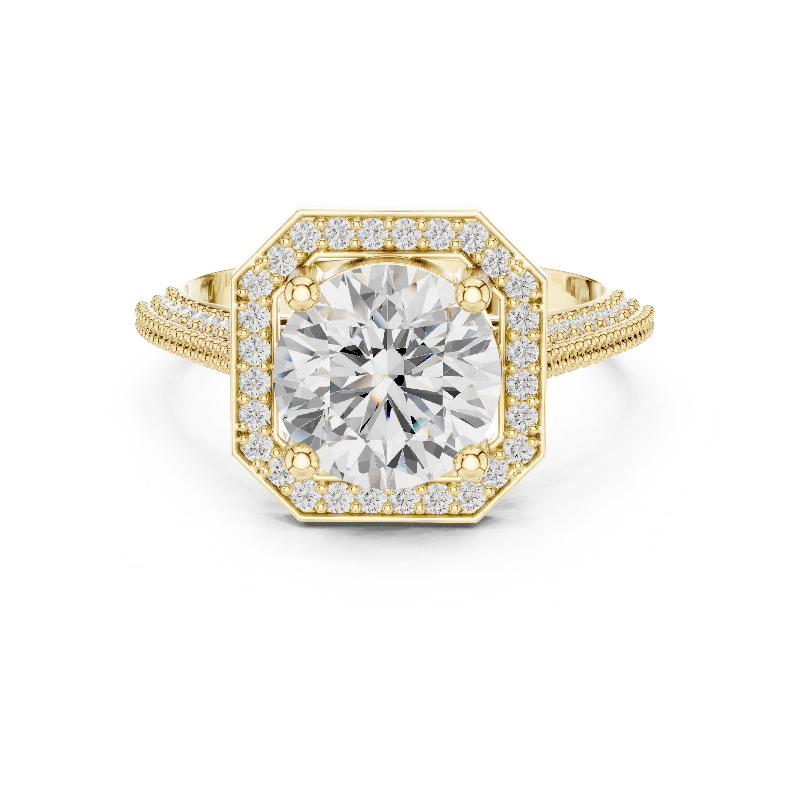 Round Diamond Octagonal Halo Engagement Ring with Split Shank Pavé Band in Yellow Gold - VYKA Diamonds