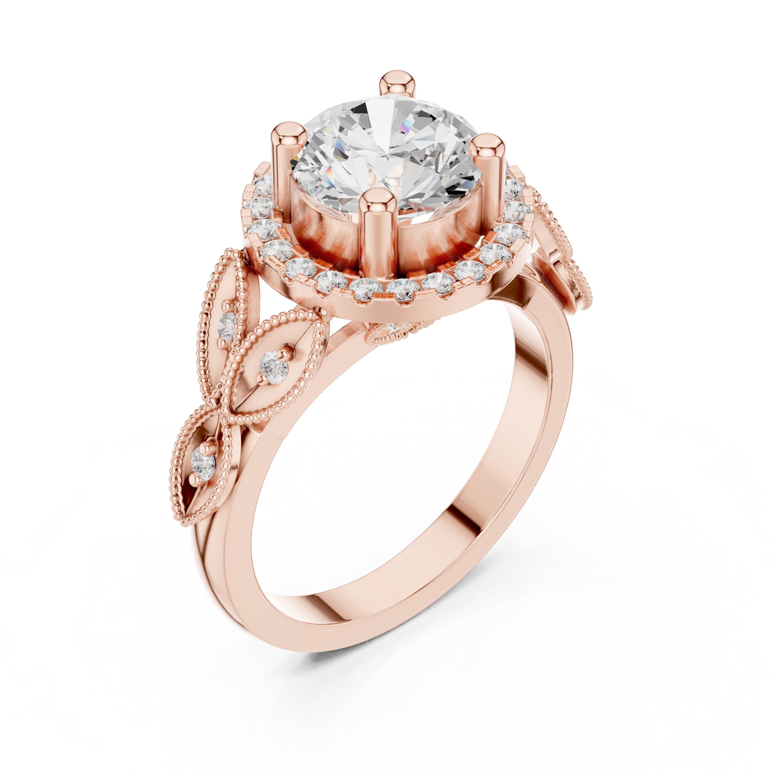 Round Diamond Halo Engagement Ring with Leaf Pavé Band in Rose Gold - VYKA Diamonds