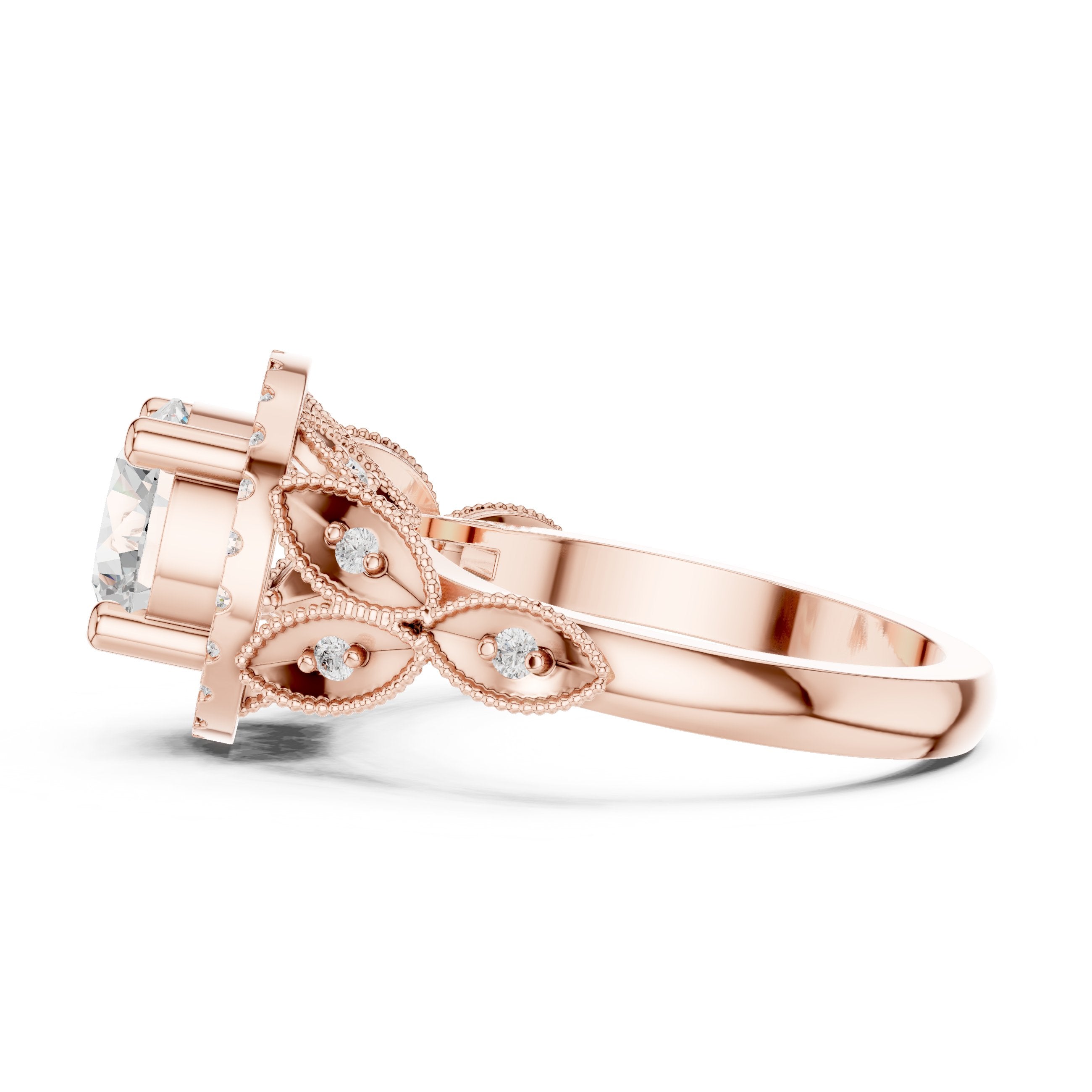Round Diamond Halo Engagement Ring with Leaf Pavé Band in Rose Gold - VYKA Diamonds
