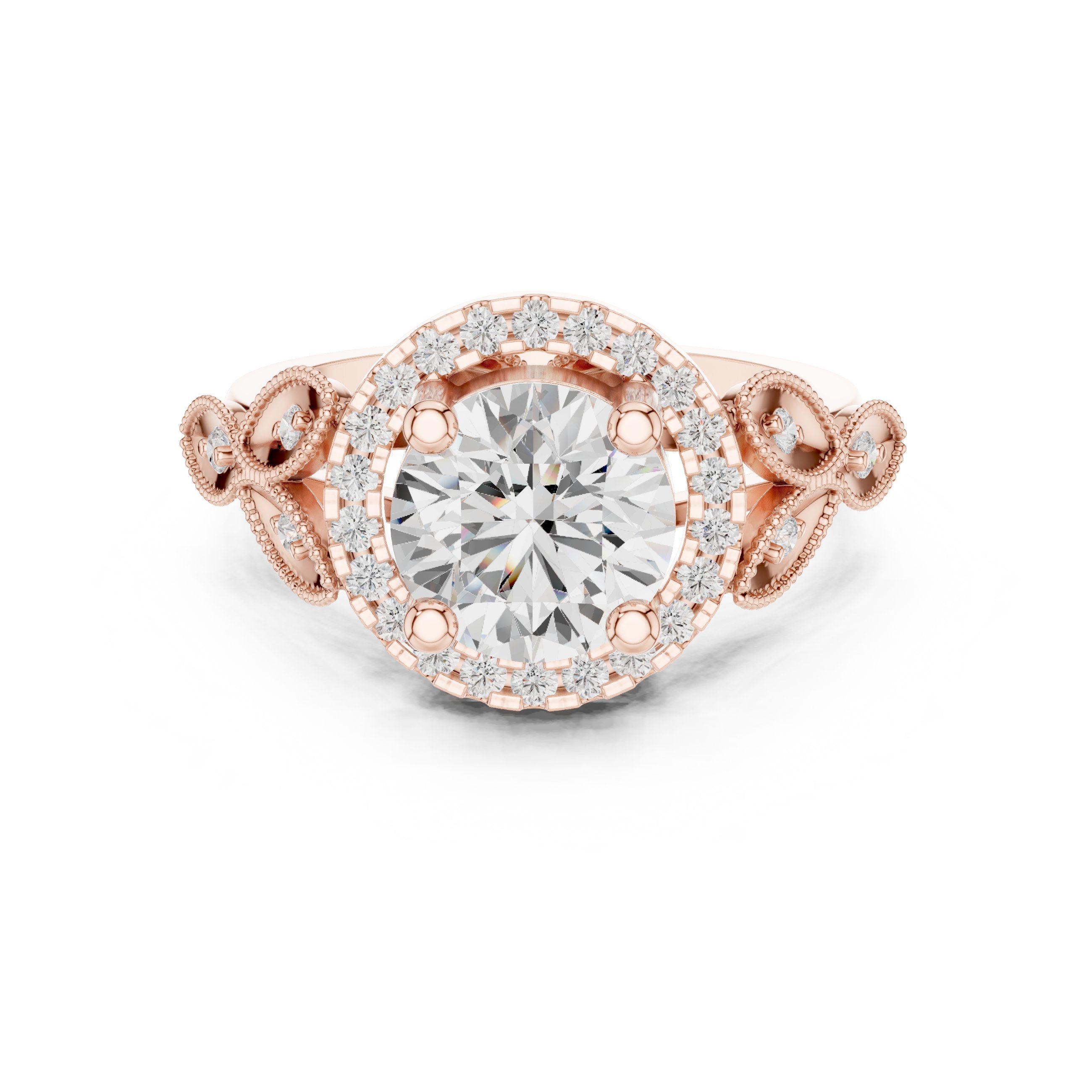 Round Diamond Halo Engagement Ring with Leaf Pavé Band in Rose Gold - VYKA Diamonds