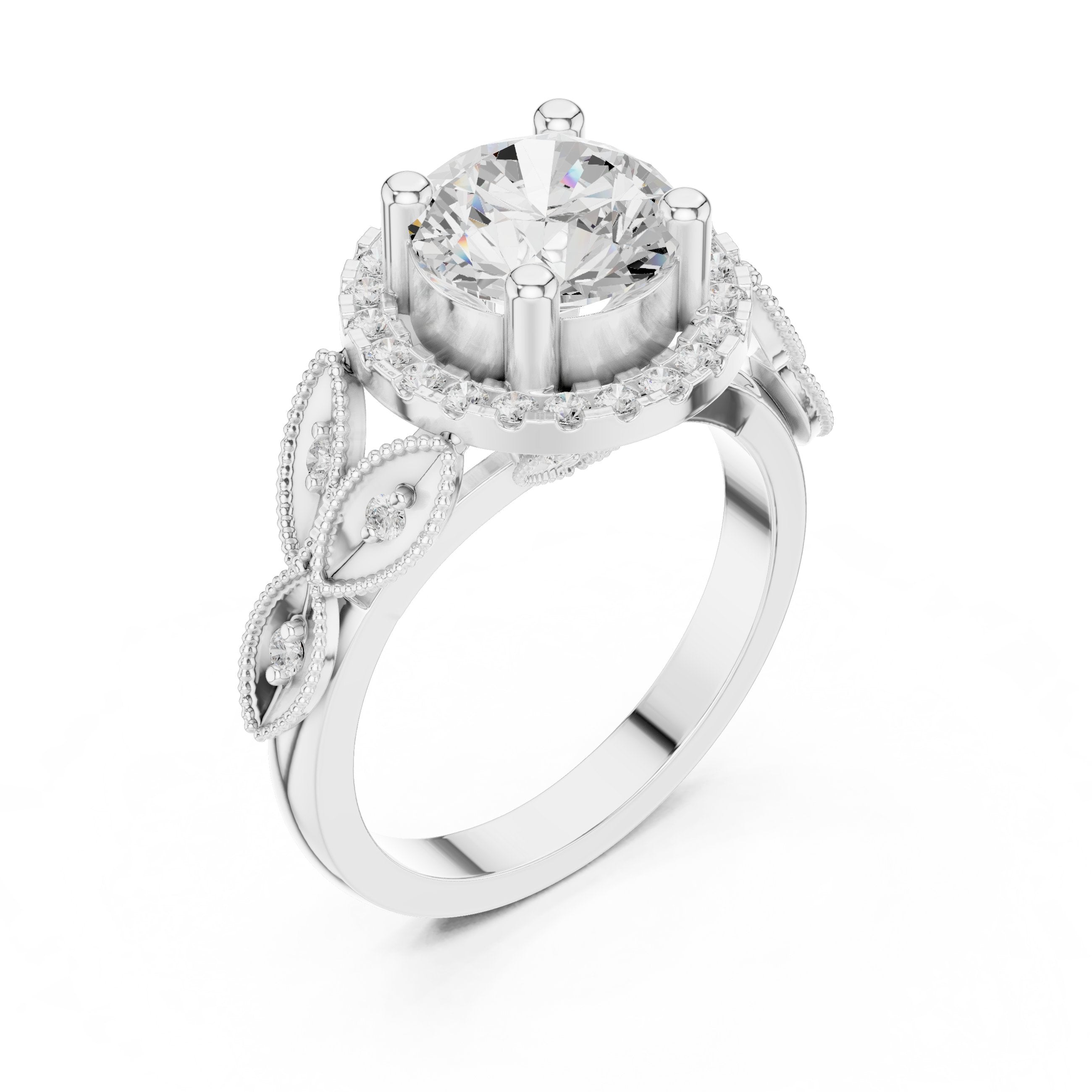 Round Diamond Halo Engagement Ring with Leaf Pavé Band in White Gold - VYKA Diamonds