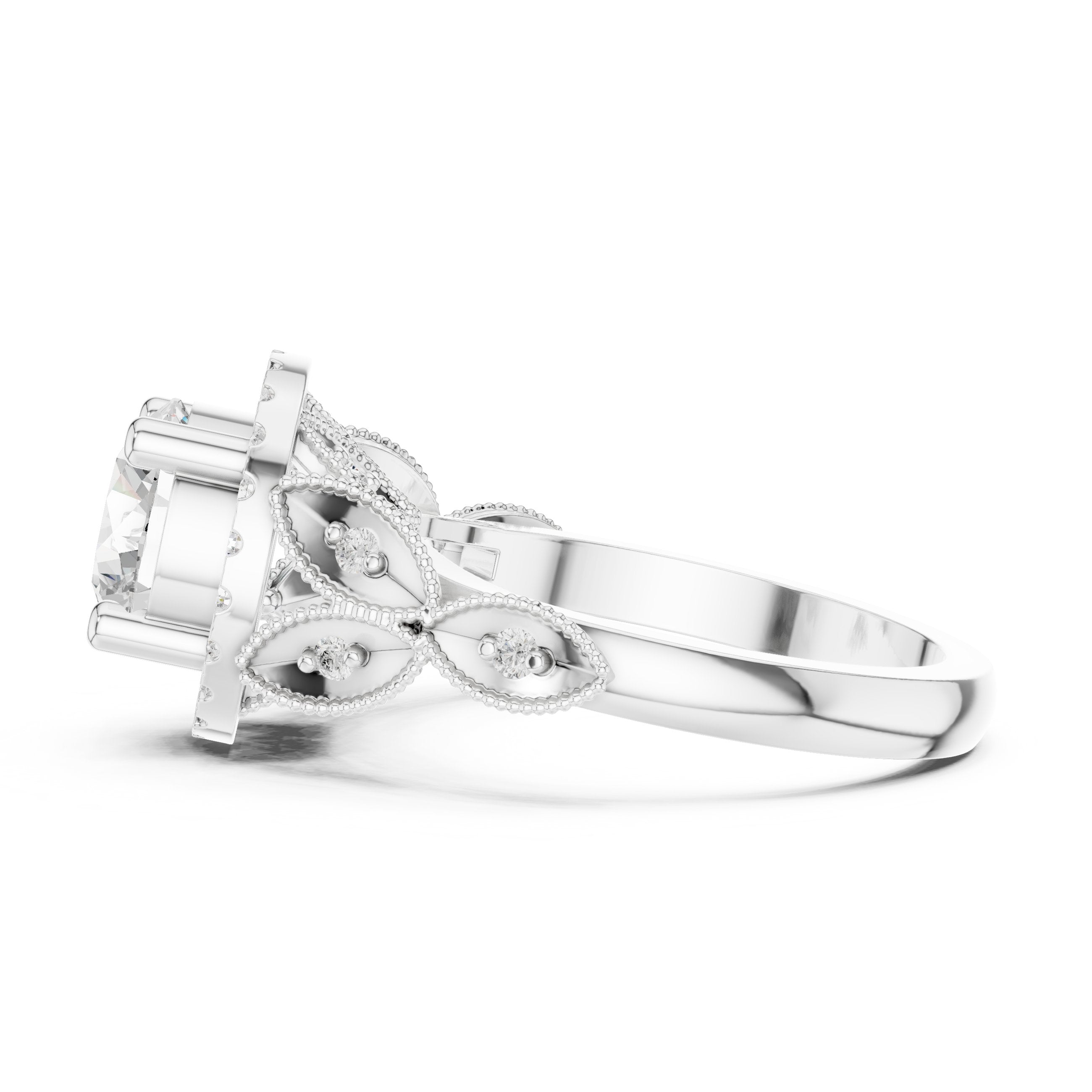 Round Diamond Halo Engagement Ring with Leaf Pavé Band in White Gold - VYKA Diamonds