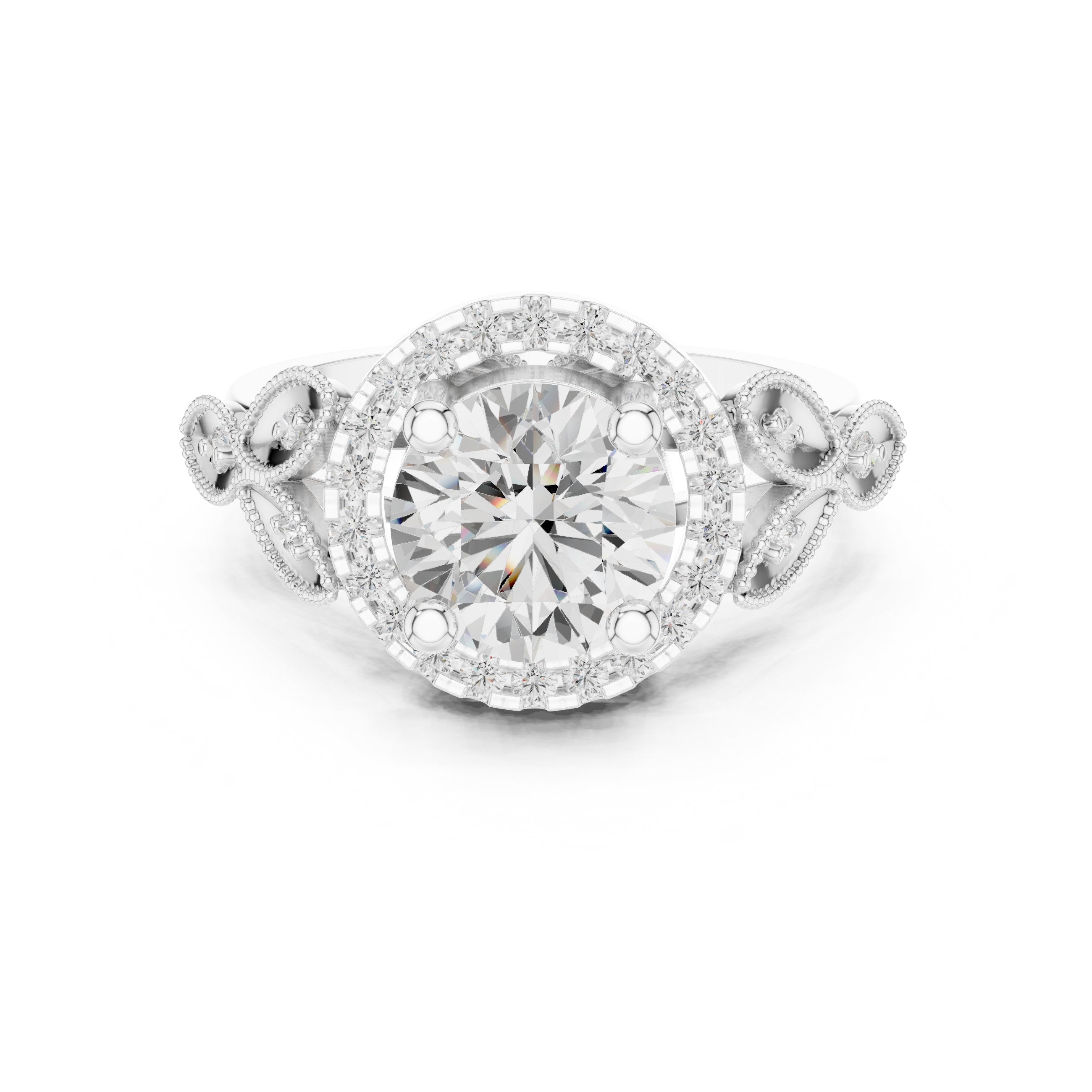 Round Diamond Halo Engagement Ring with Leaf Pavé Band in White Gold - VYKA Diamonds