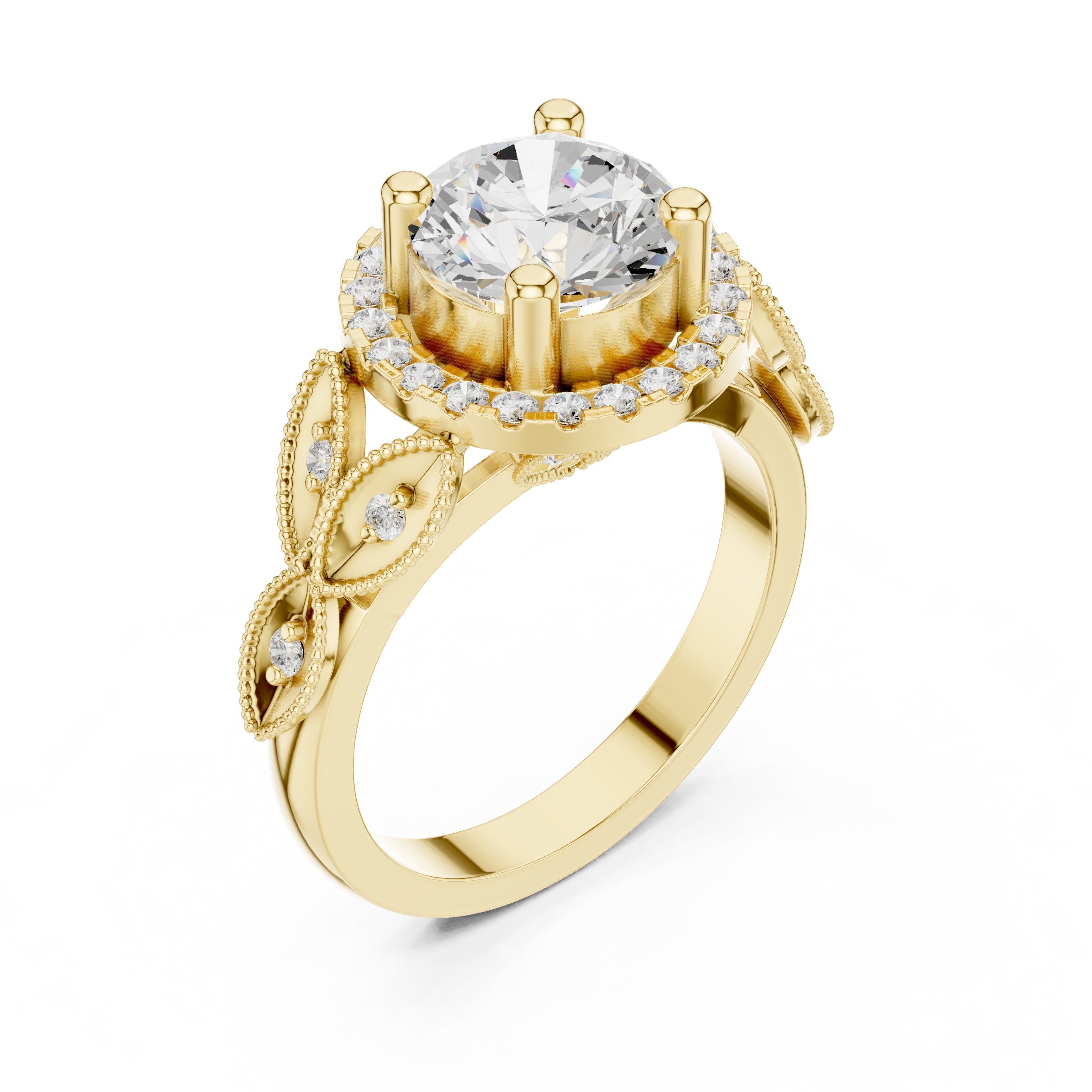 Round Diamond Halo Engagement Ring with Leaf Pavé Band in Yellow Gold - VYKA Diamonds
