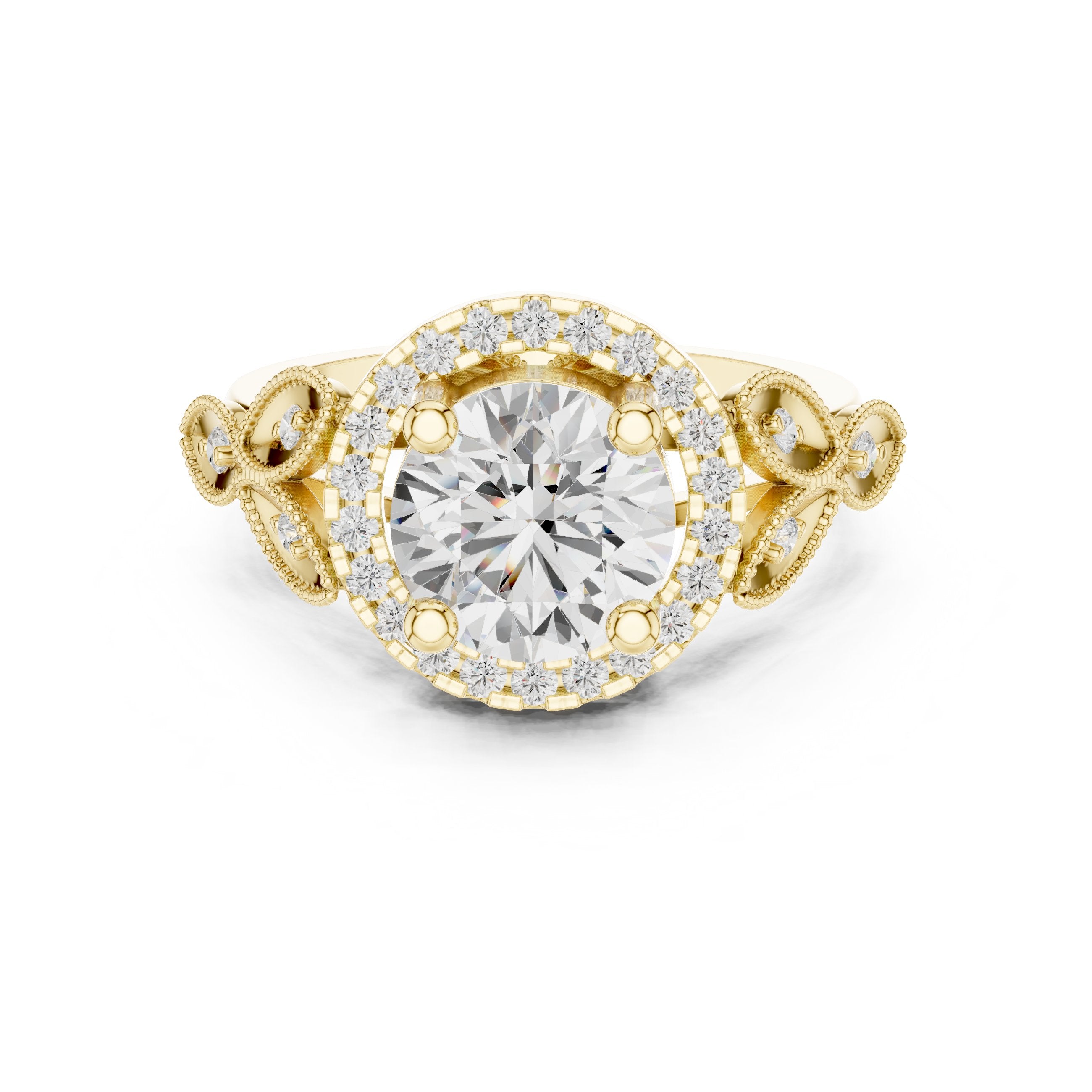 Round Diamond Halo Engagement Ring with Leaf Pavé Band in Yellow Gold - VYKA Diamonds