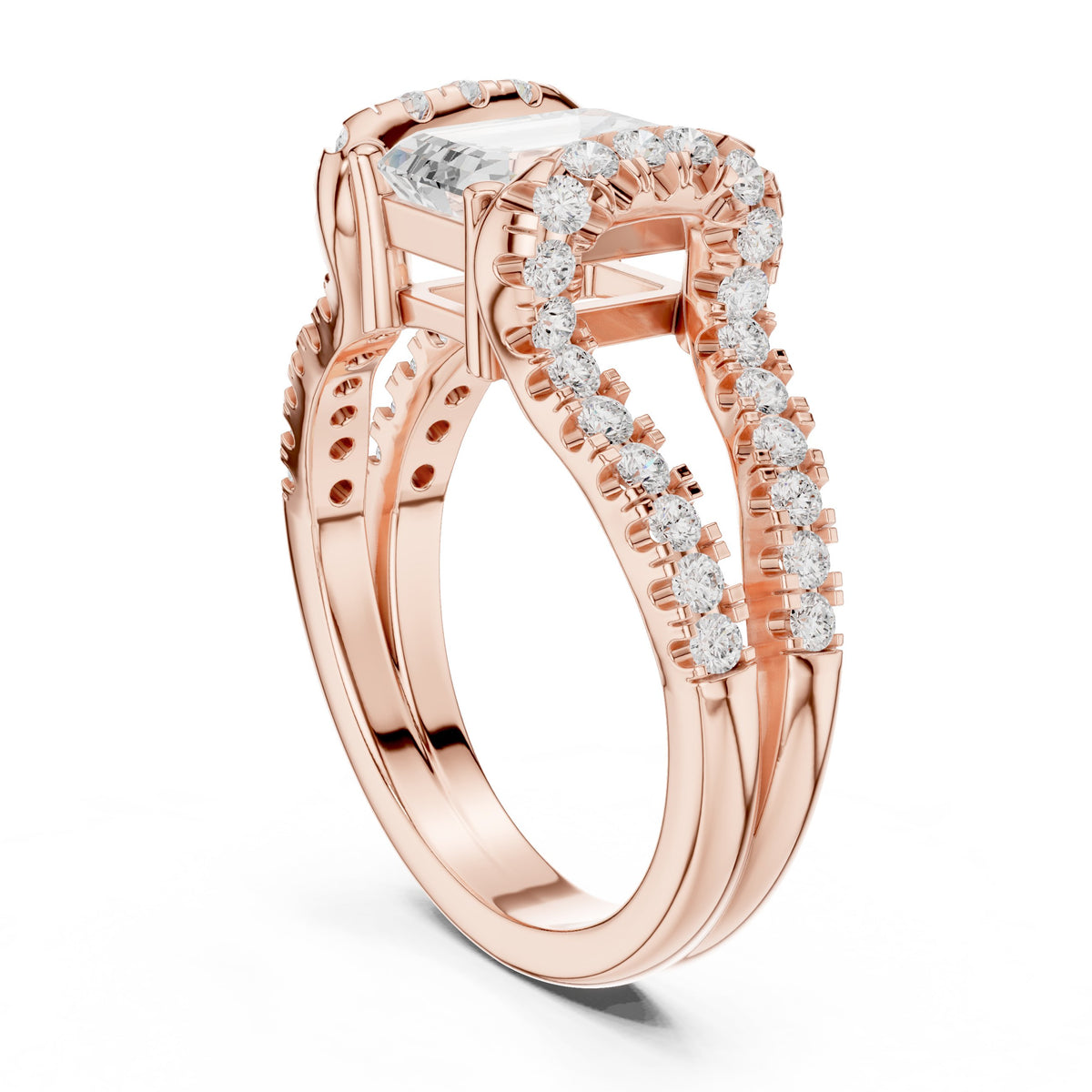 Emerald Cut Engagement Ring with Leaf Side Accents and Pavé Band