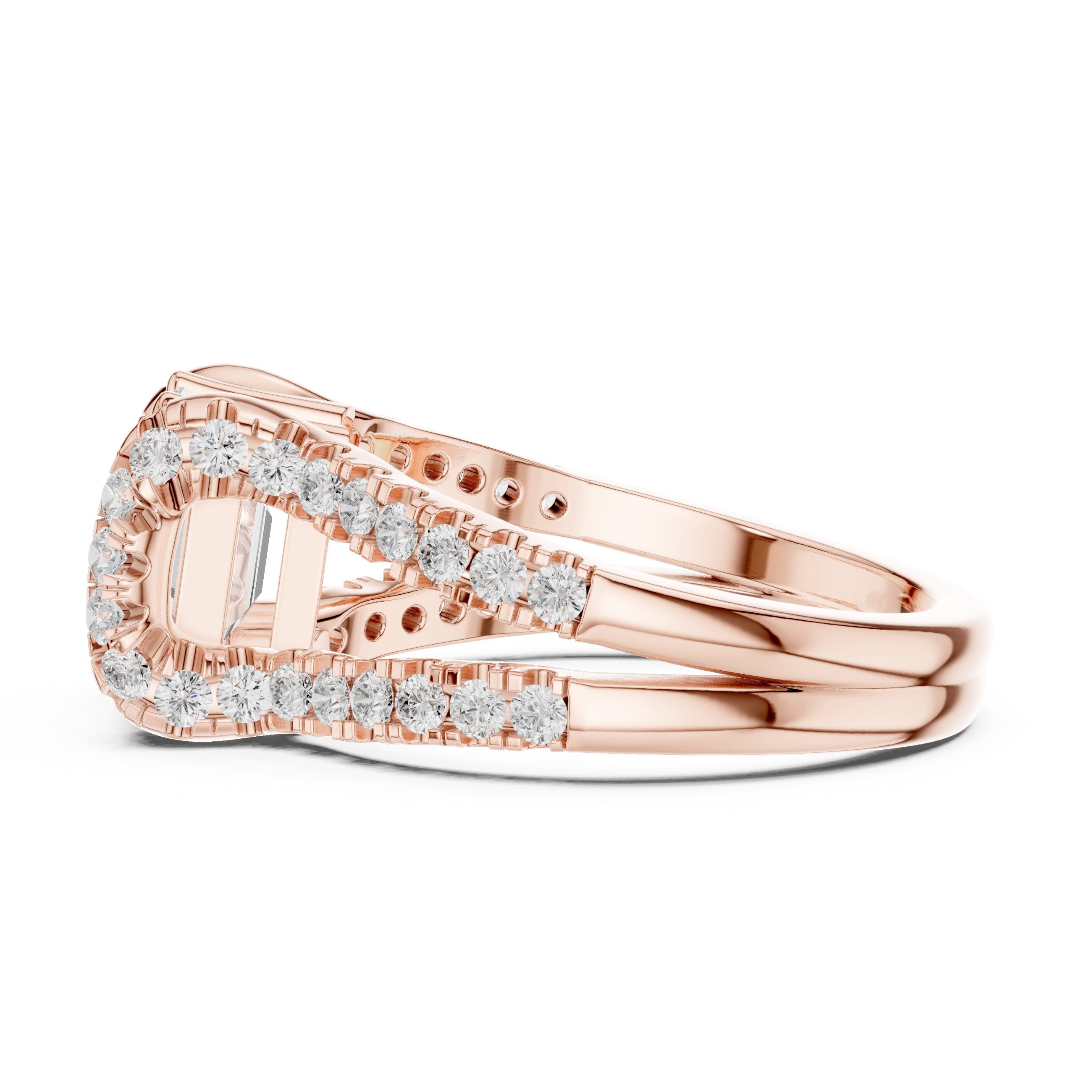 Emerald Cut Engagement Ring with Leaf Side Accents and Pavé Band in Rose Gold - VYKA Diamonds