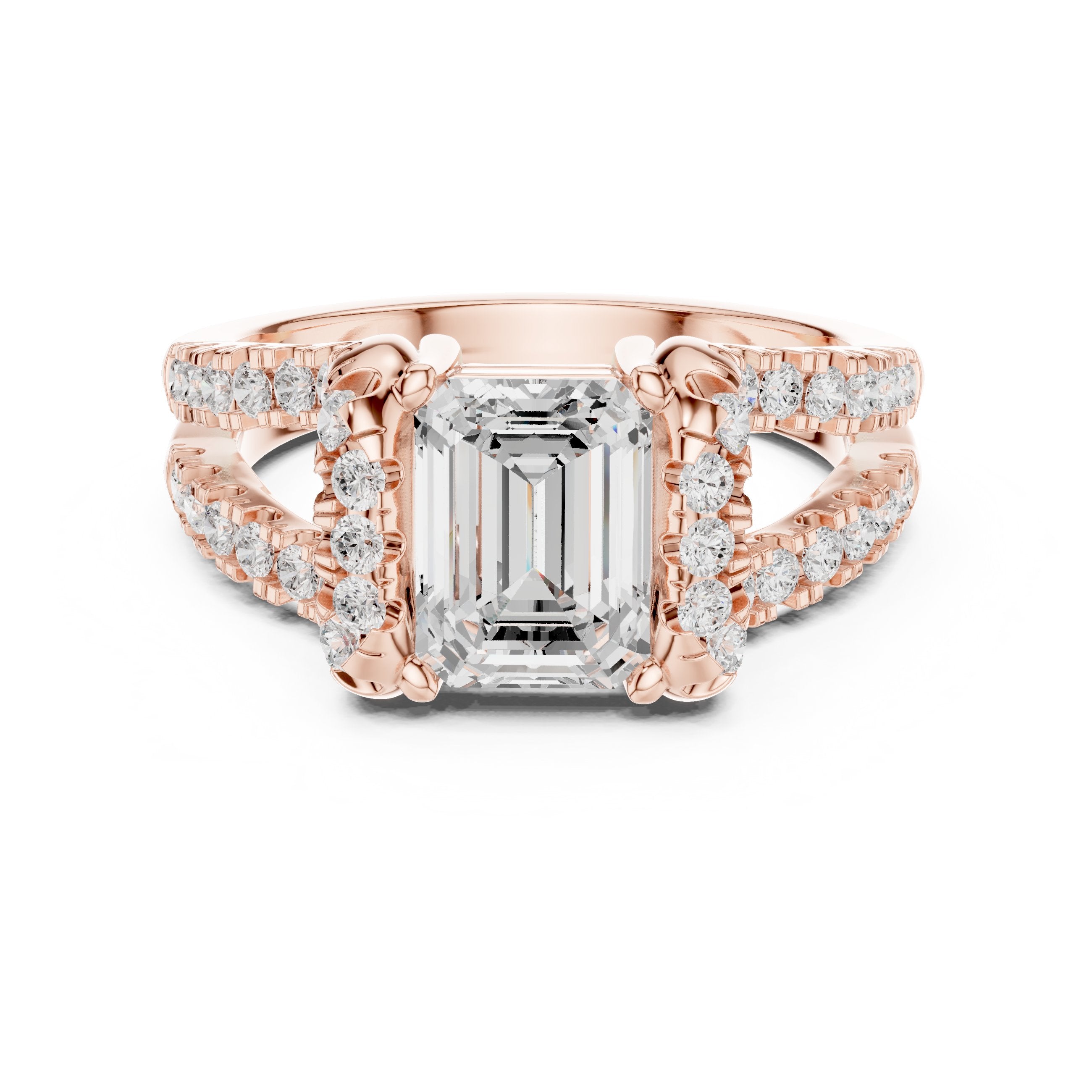 Emerald Cut Engagement Ring with Leaf Side Accents and Pavé Band in Rose Gold - VYKA Diamonds