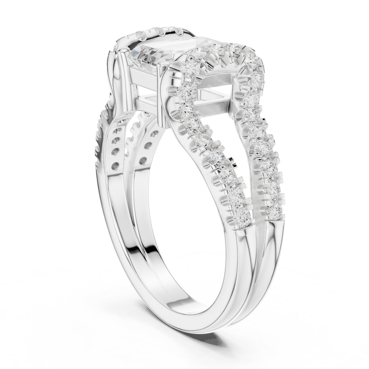 Emerald Cut Engagement Ring with Leaf Side Accents and Pavé Band