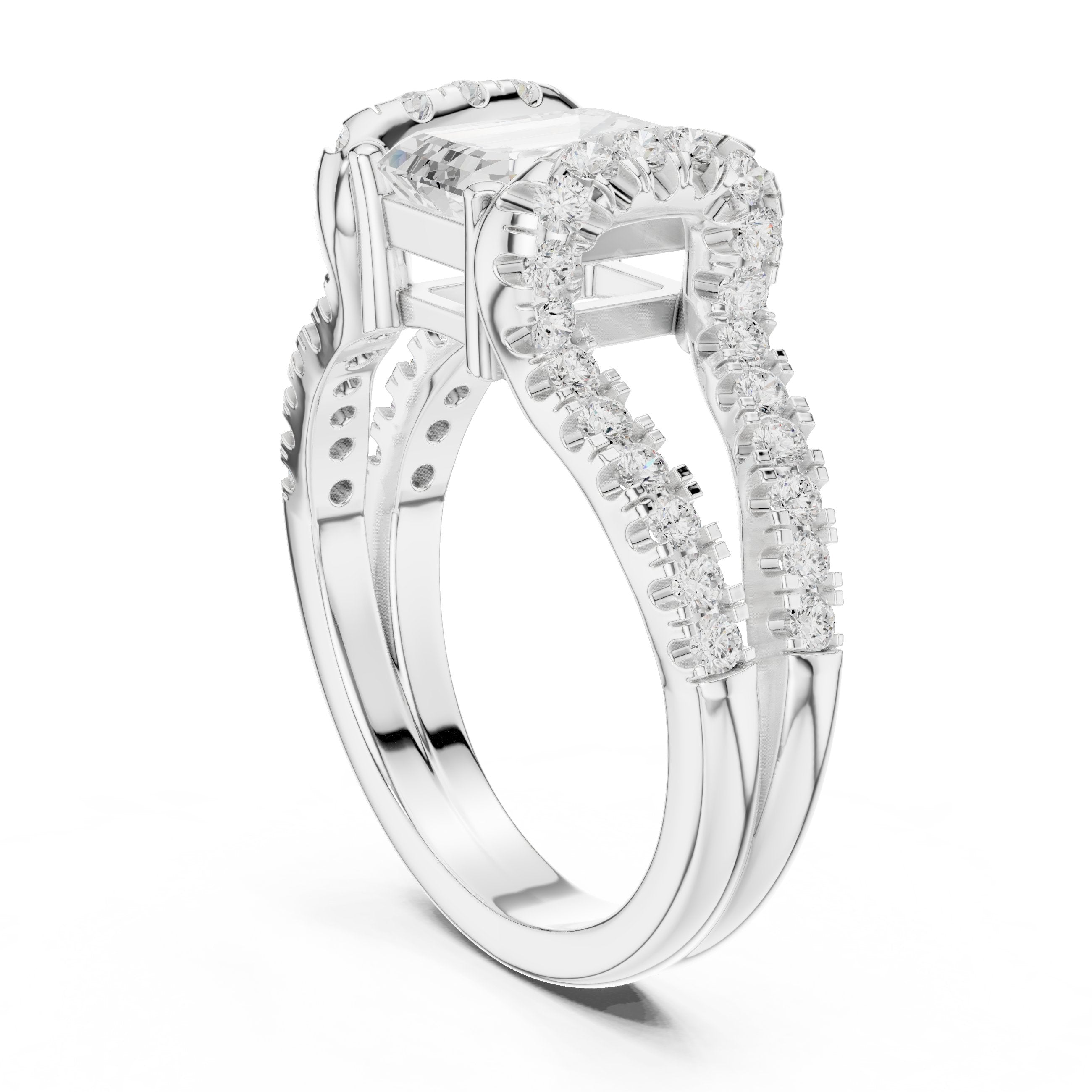 Emerald Cut Engagement Ring with Leaf Side Accents and Pavé Band in White Gold - VYKA Diamonds