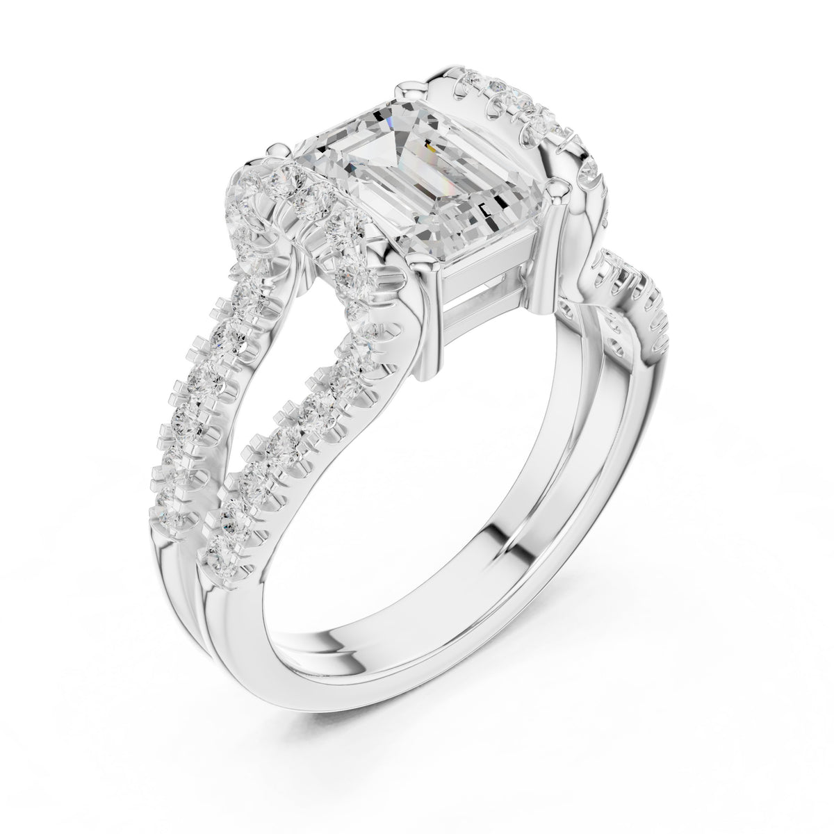 Emerald Cut Engagement Ring with Leaf Side Accents and Pavé Band