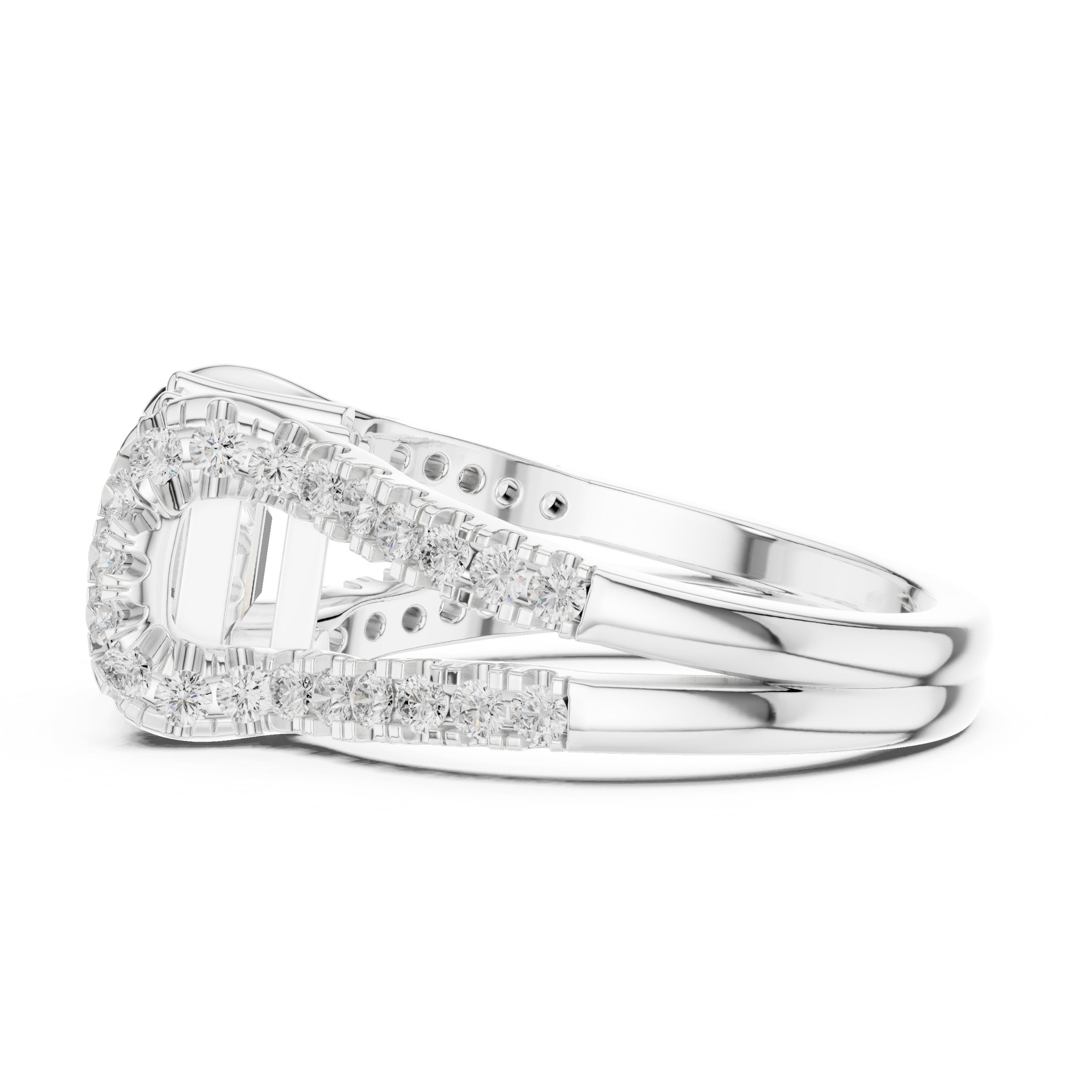Emerald Cut Engagement Ring with Leaf Side Accents and Pavé Band in White Gold - VYKA Diamonds