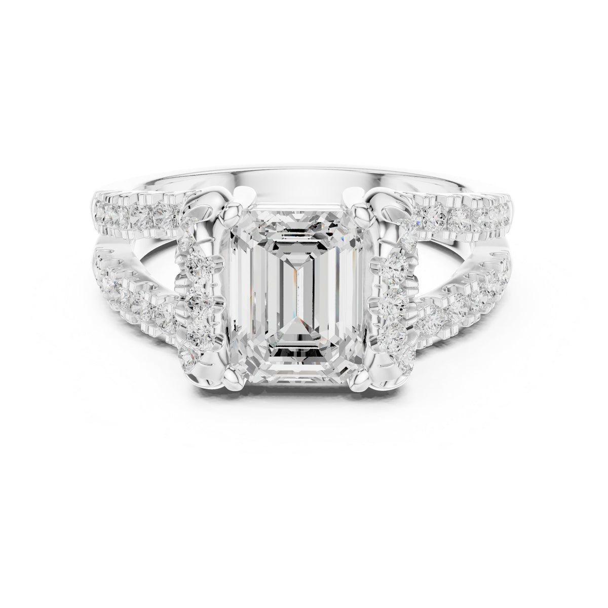 Emerald Cut Engagement Ring with Leaf Side Accents and Pavé Band