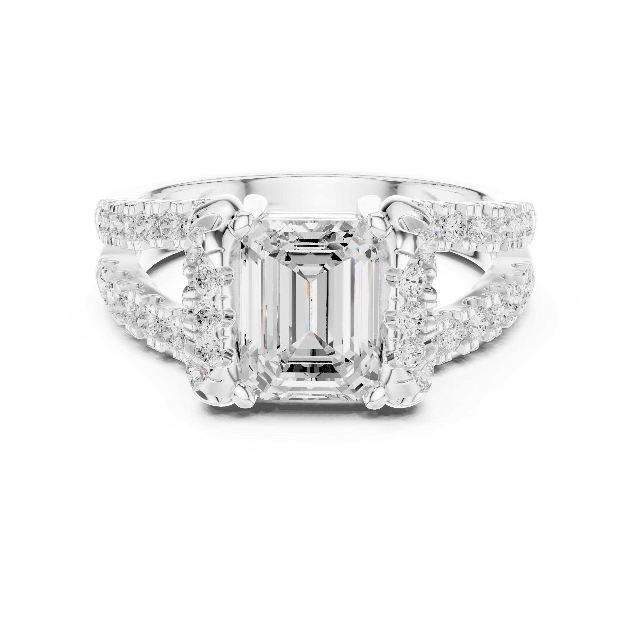 Emerald Cut Engagement Ring with Leaf Side Accents and Pavé Band in White Gold - VYKA Diamonds