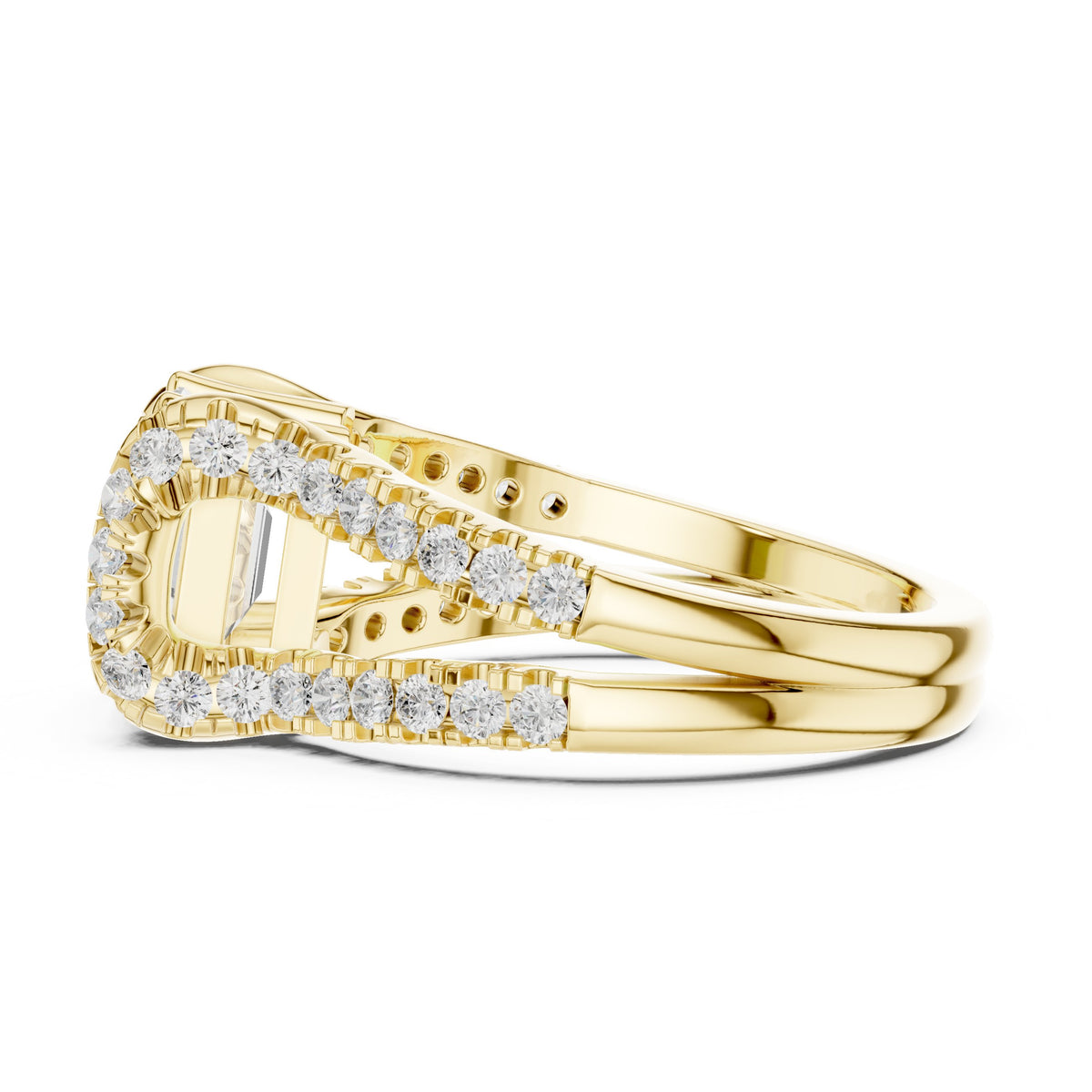 Emerald Cut Engagement Ring with Leaf Side Accents and Pavé Band