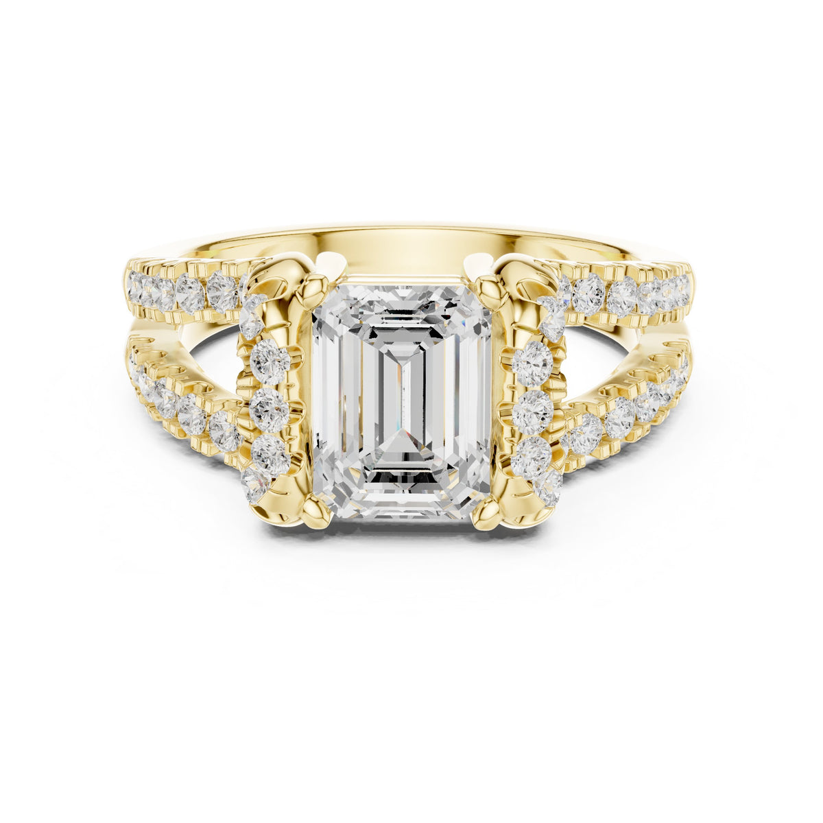 Emerald Cut Engagement Ring with Leaf Side Accents and Pavé Band