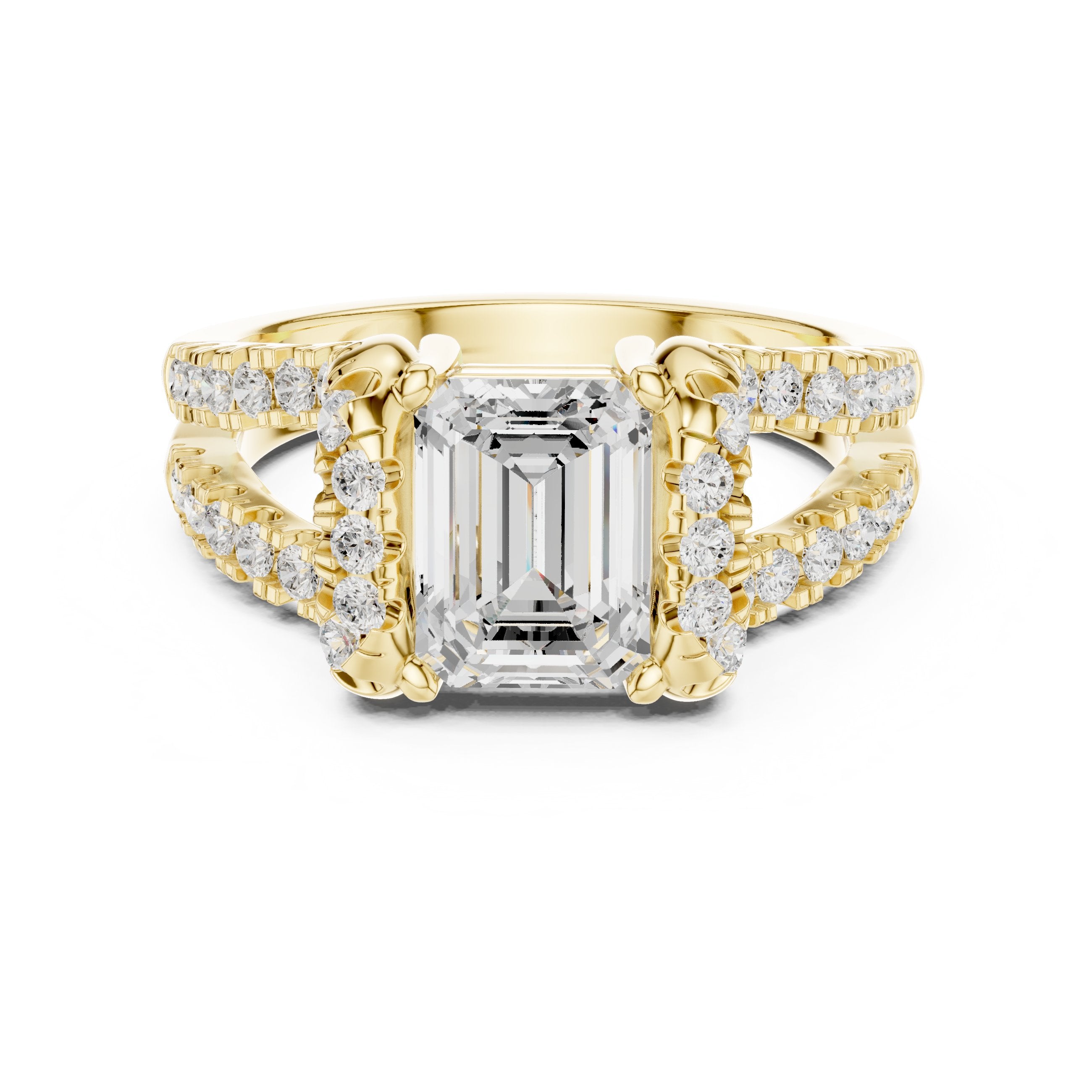 Emerald Cut Engagement Ring with Leaf Side Accents and Pavé Band in Yellow Gold - VYKA Diamonds