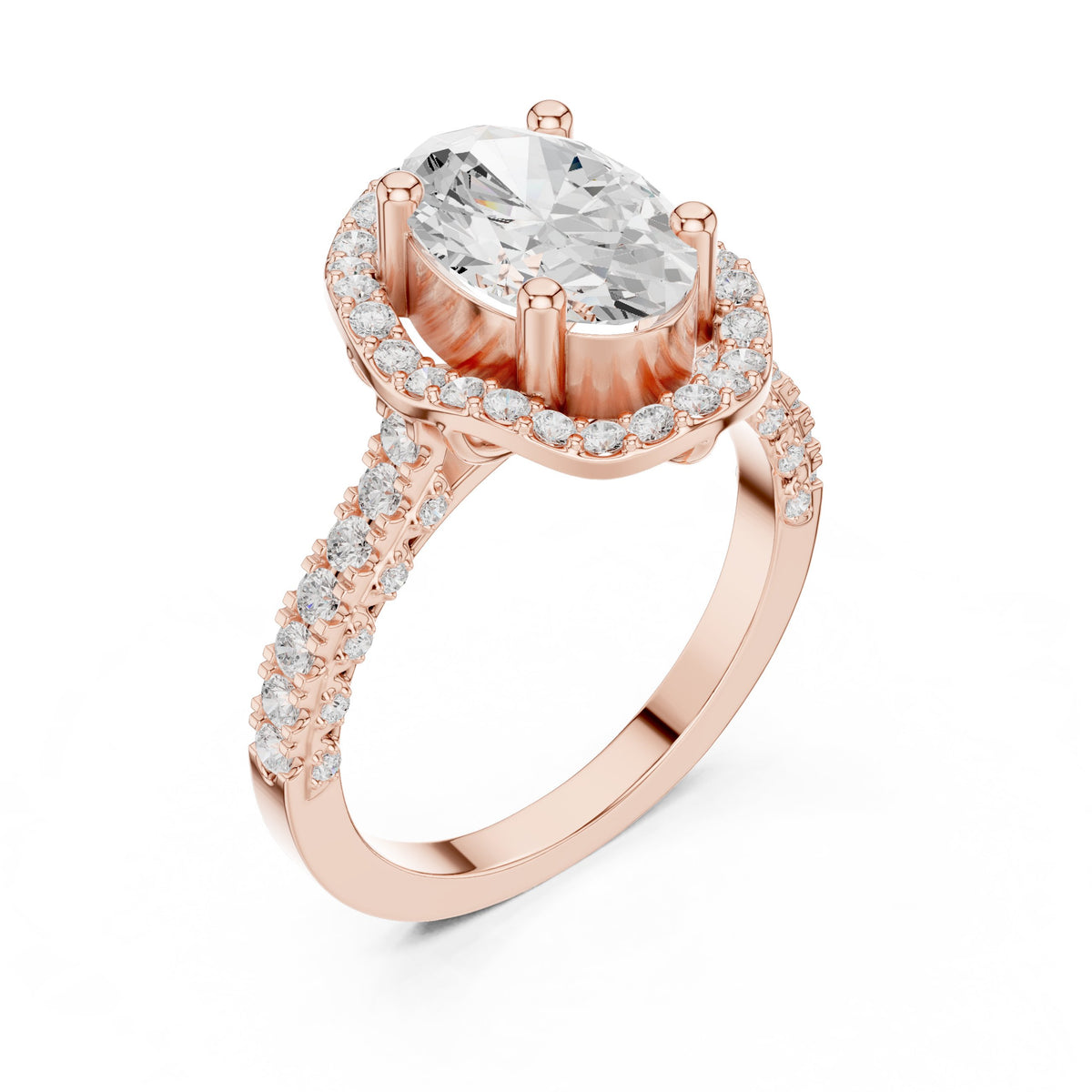 Oval Diamond Halo Engagement Ring with Twisted Infinity Pavé Band