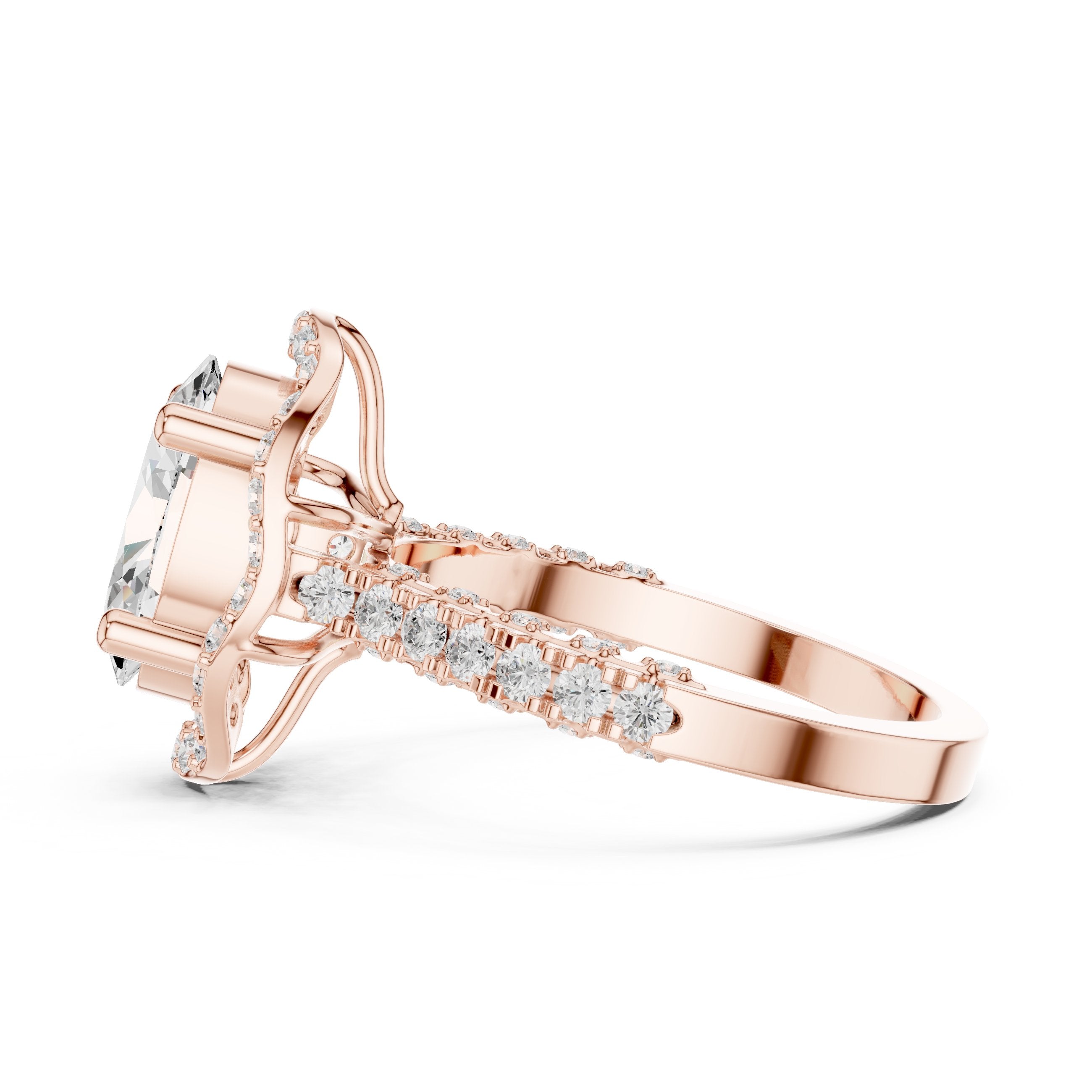 Oval Diamond Halo Engagement Ring with Twisted Infinity Pavé Band in Rose Gold - VYKA Diamonds