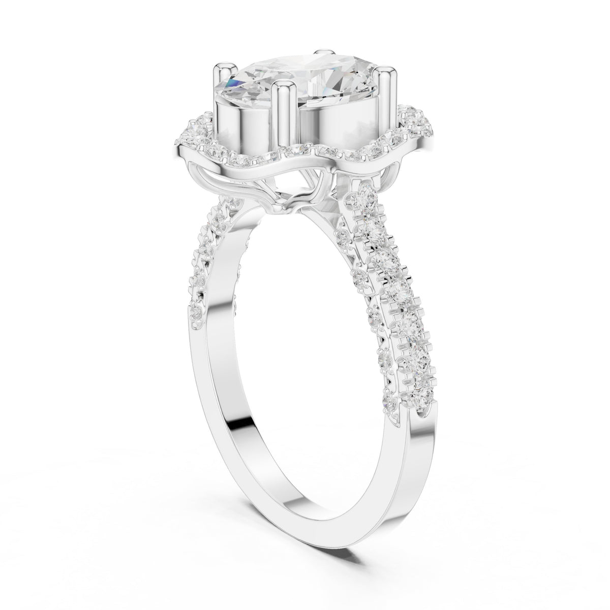Oval Diamond Halo Engagement Ring with Twisted Infinity Pavé Band