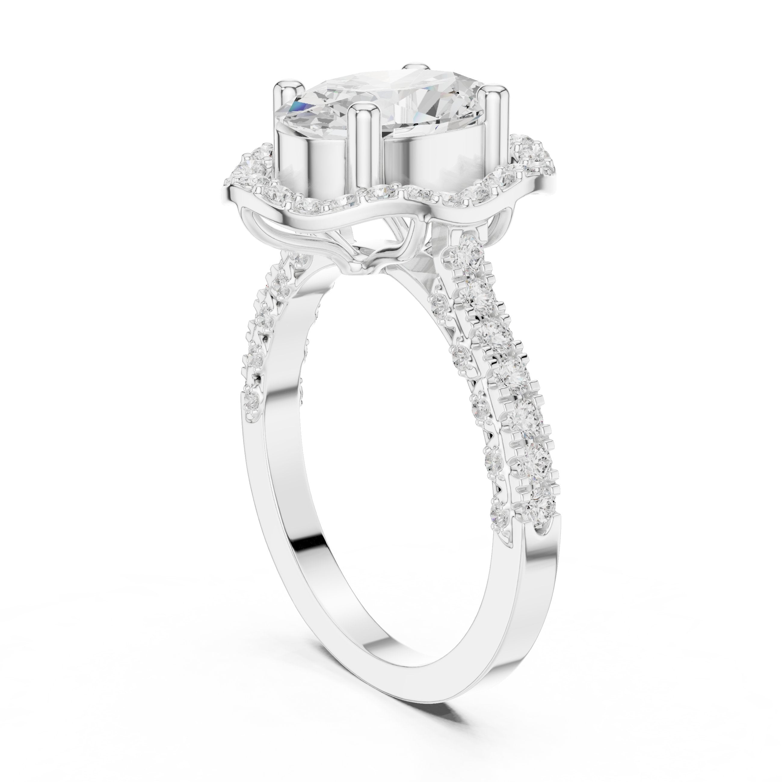 Oval Diamond Halo Engagement Ring with Twisted Infinity Pavé Band in White Gold - VYKA Diamonds