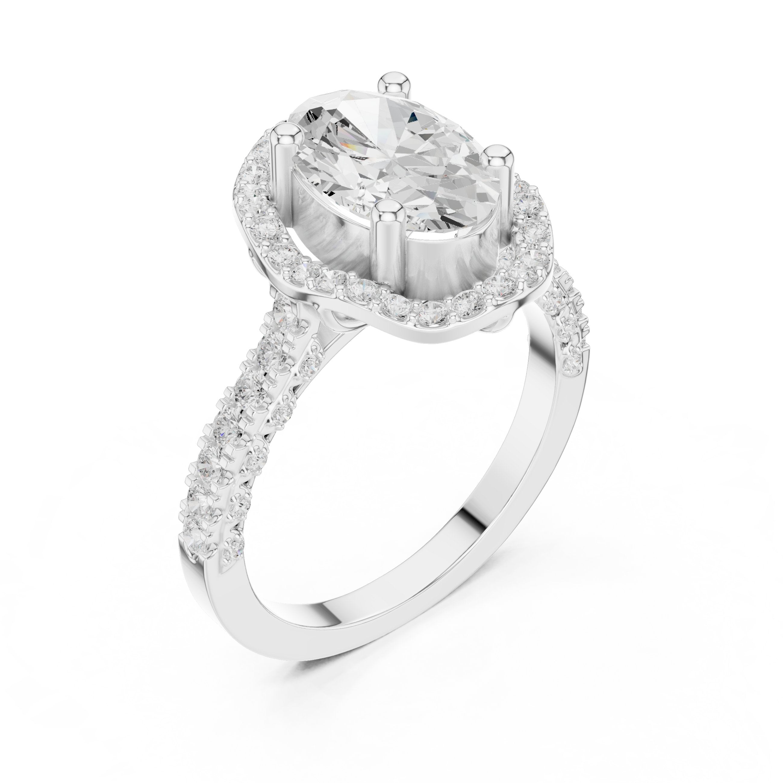 Oval Diamond Halo Engagement Ring with Twisted Infinity Pavé Band in White Gold - VYKA Diamonds