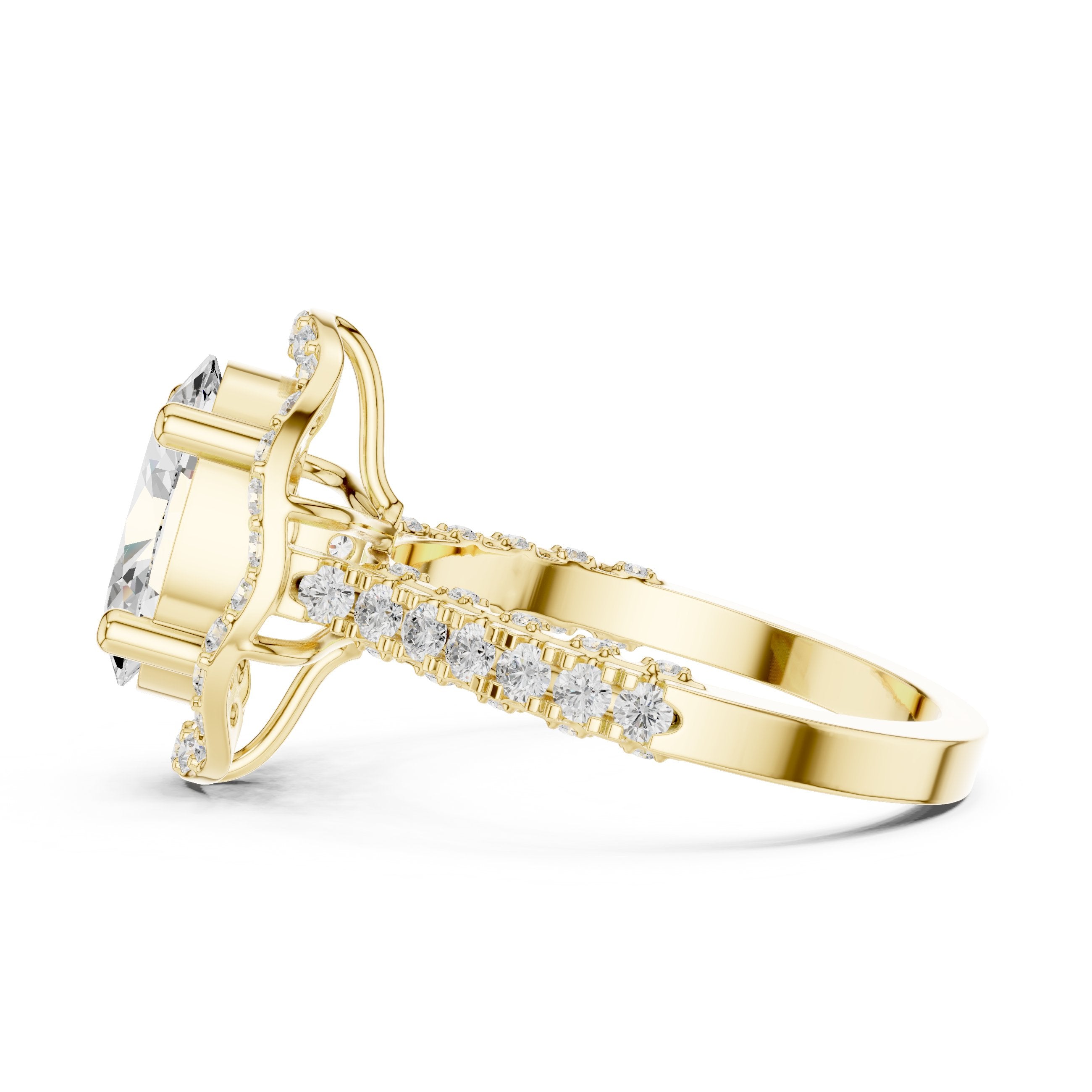 Oval Diamond Halo Engagement Ring with Twisted Infinity Pavé Band in Yellow Gold - VYKA Diamonds