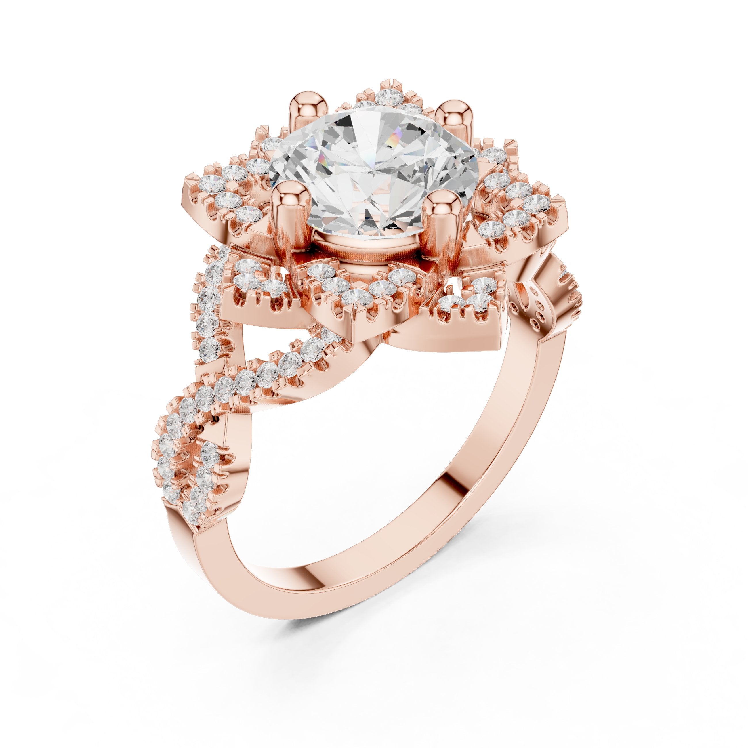 Round Diamond Multi-Pointed Star Halo Engagement Ring with Pavé Band in Rose Gold - VYKA Diamonds