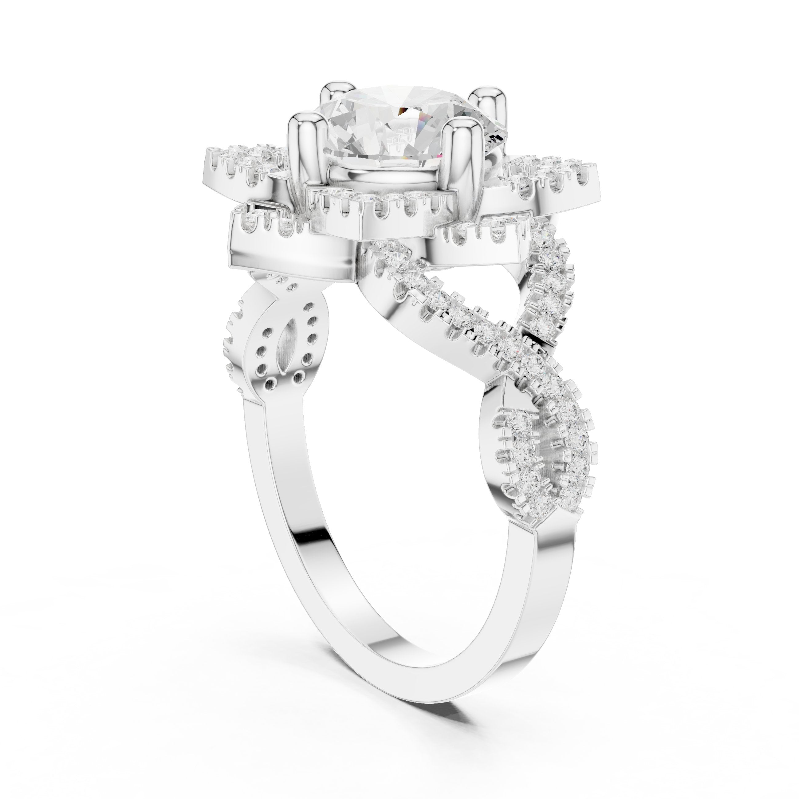 Round Diamond Multi-Pointed Star Halo Engagement Ring with Pavé Band in White Gold - VYKA Diamonds
