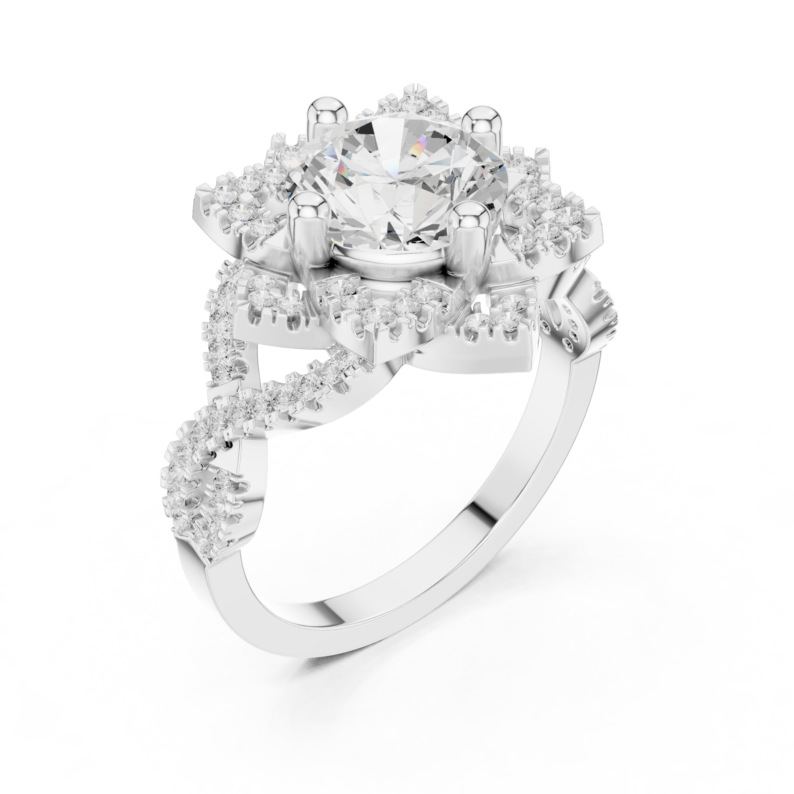 Round Diamond Multi-Pointed Star Halo Engagement Ring with Pavé Band in White Gold - VYKA Diamonds