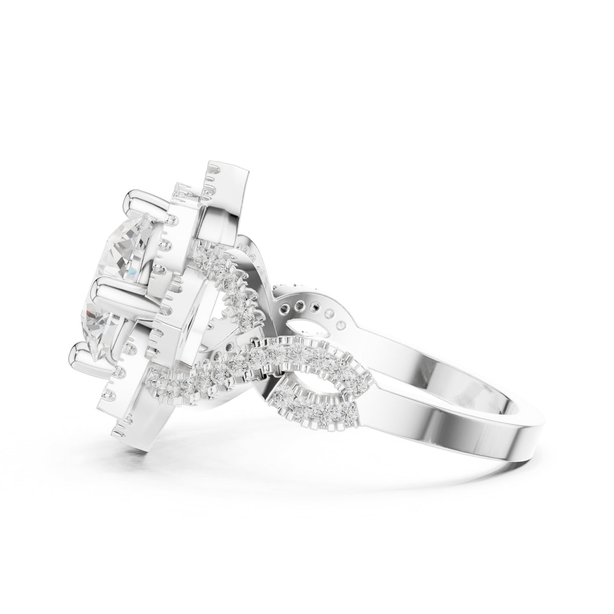 Round Diamond Multi-Pointed Star Halo Engagement Ring with Pavé Band