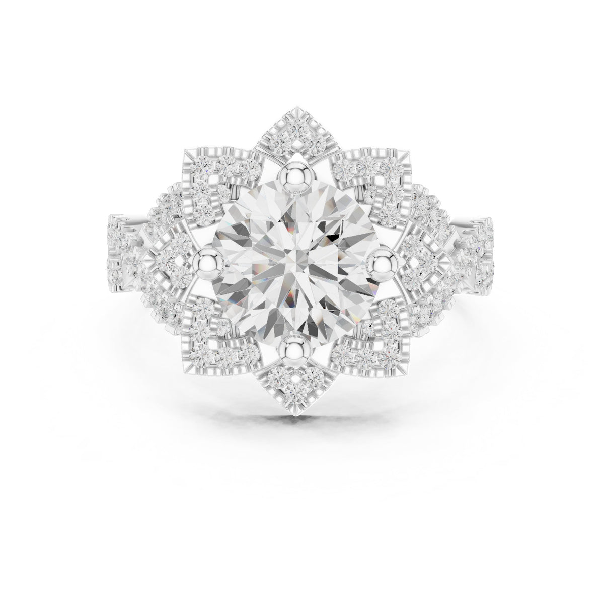 Round Diamond Multi-Pointed Star Halo Engagement Ring with Pavé Band