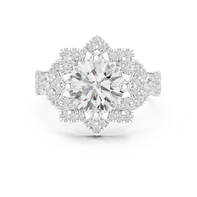Round Diamond Multi-Pointed Star Halo Engagement Ring with Pavé Band