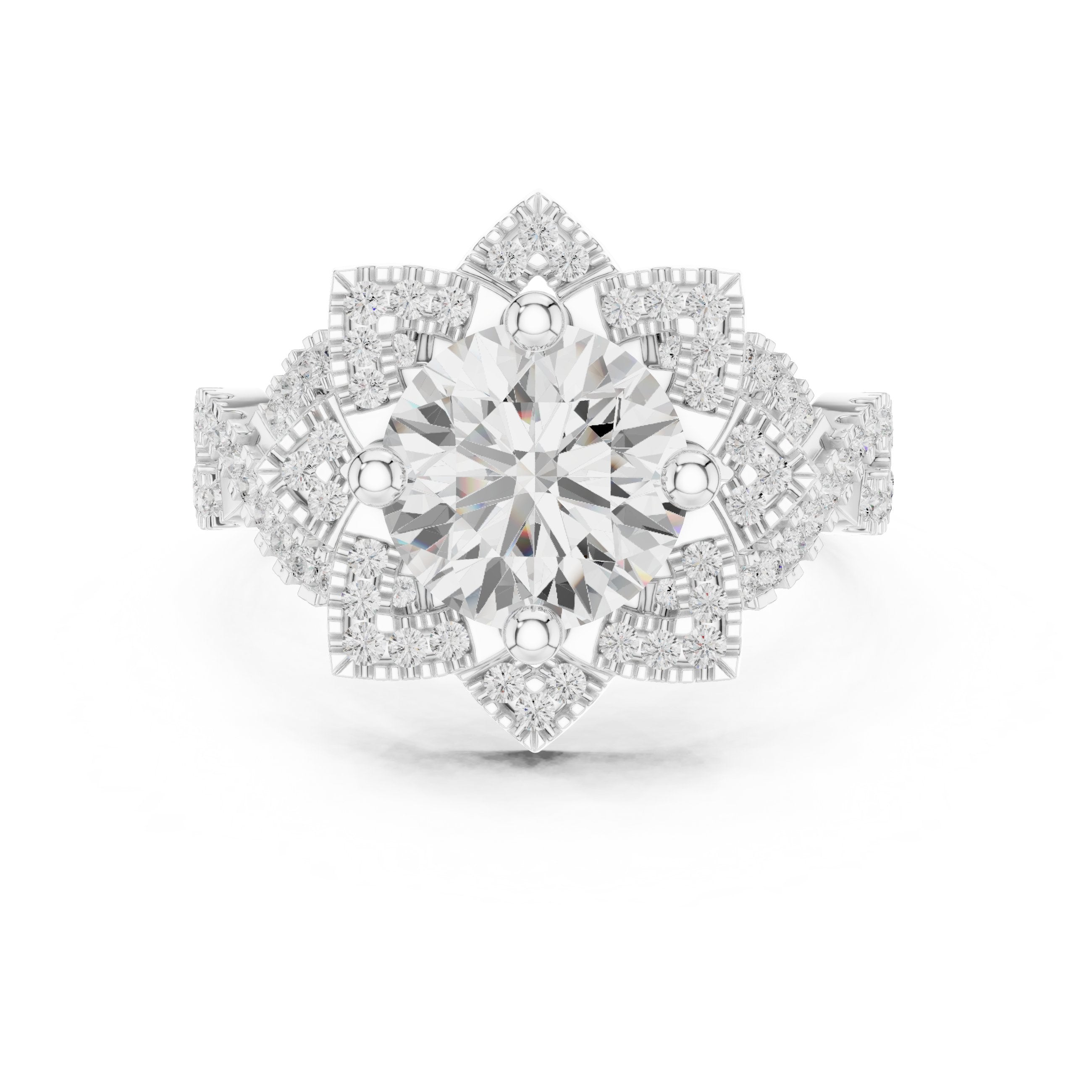 Round Diamond Multi-Pointed Star Halo Engagement Ring with Pavé Band in White Gold - VYKA Diamonds