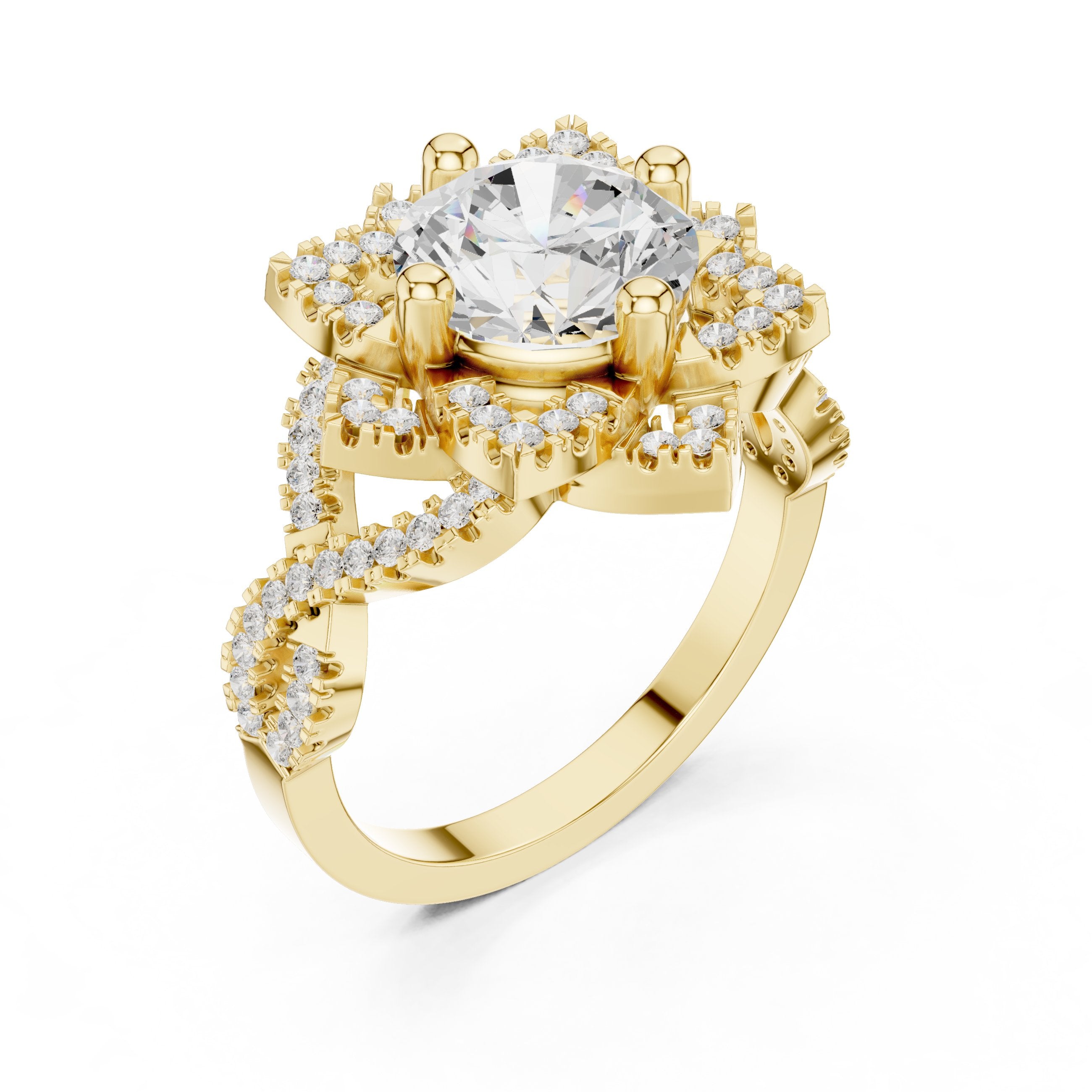 Round Diamond Multi-Pointed Star Halo Engagement Ring with Pavé Band in Yellow Gold - VYKA Diamonds