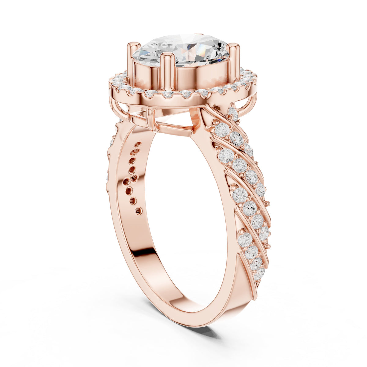 Oval Diamond Halo Engagement Ring with Sculpted Pavé Shoulders