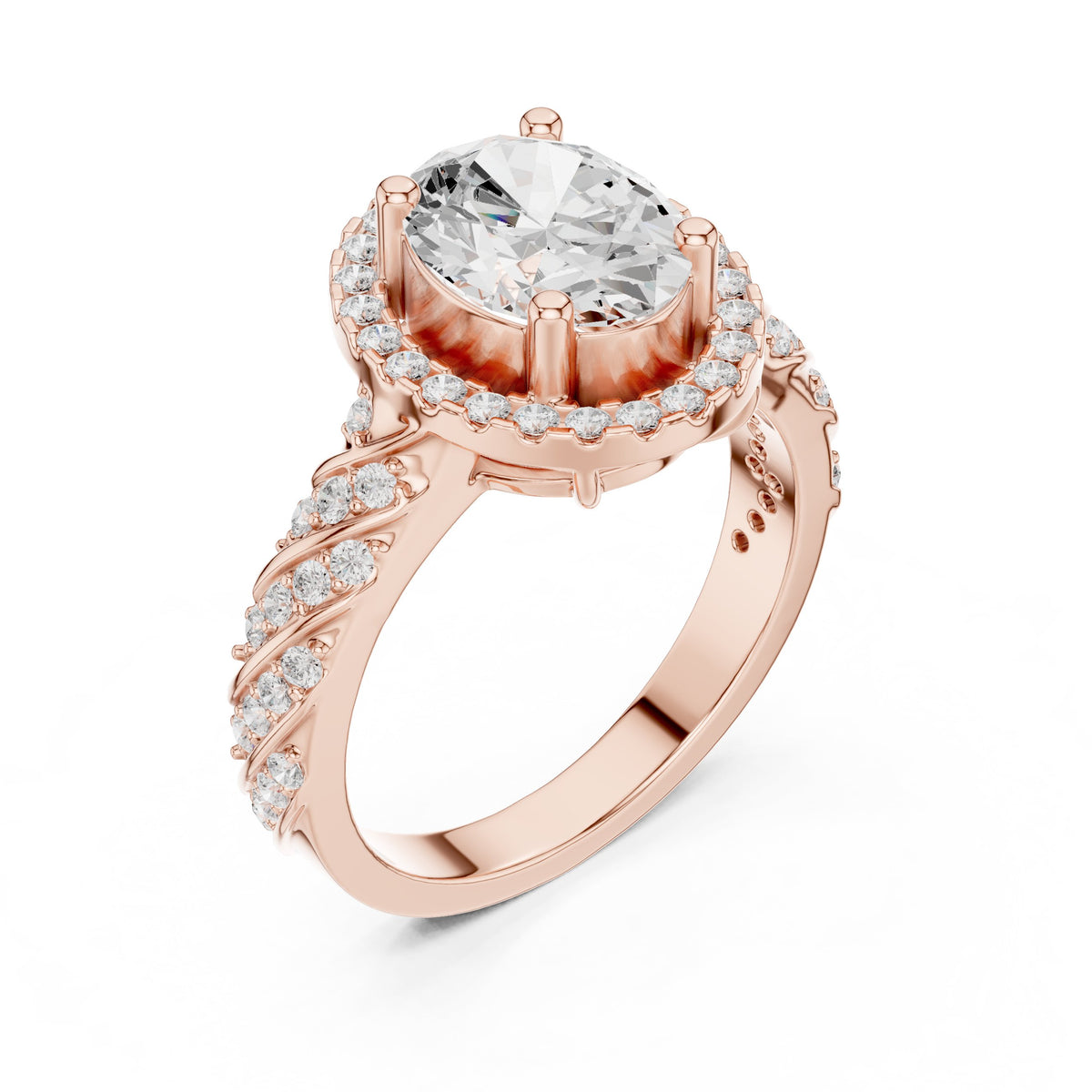 Oval Diamond Halo Engagement Ring with Sculpted Pavé Shoulders