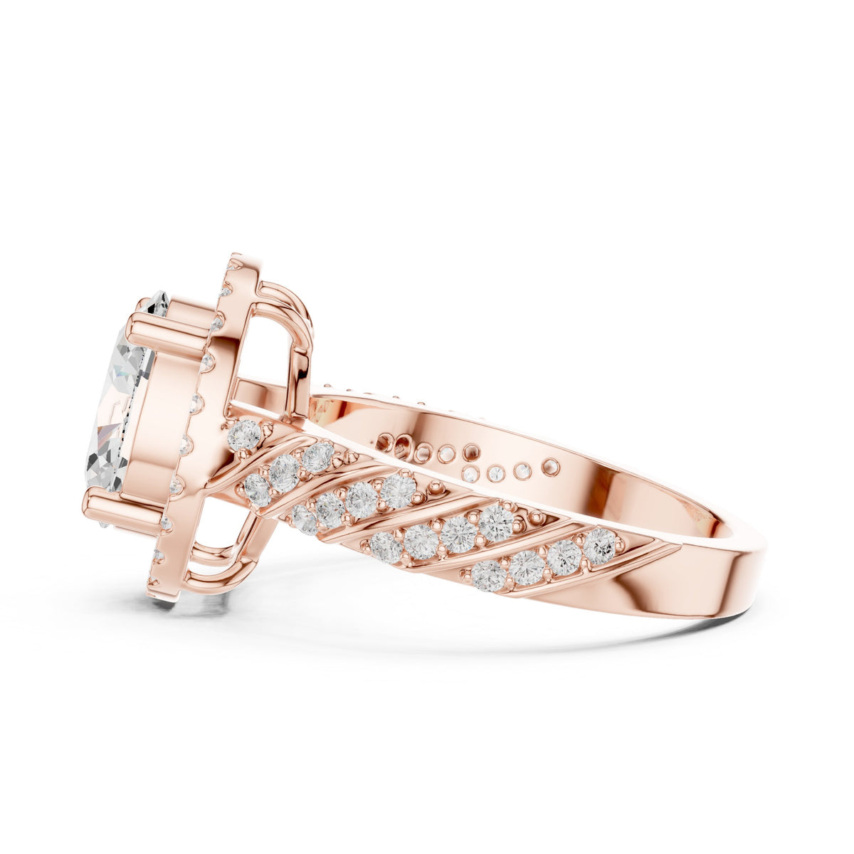 Oval Diamond Halo Engagement Ring with Sculpted Pavé Shoulders