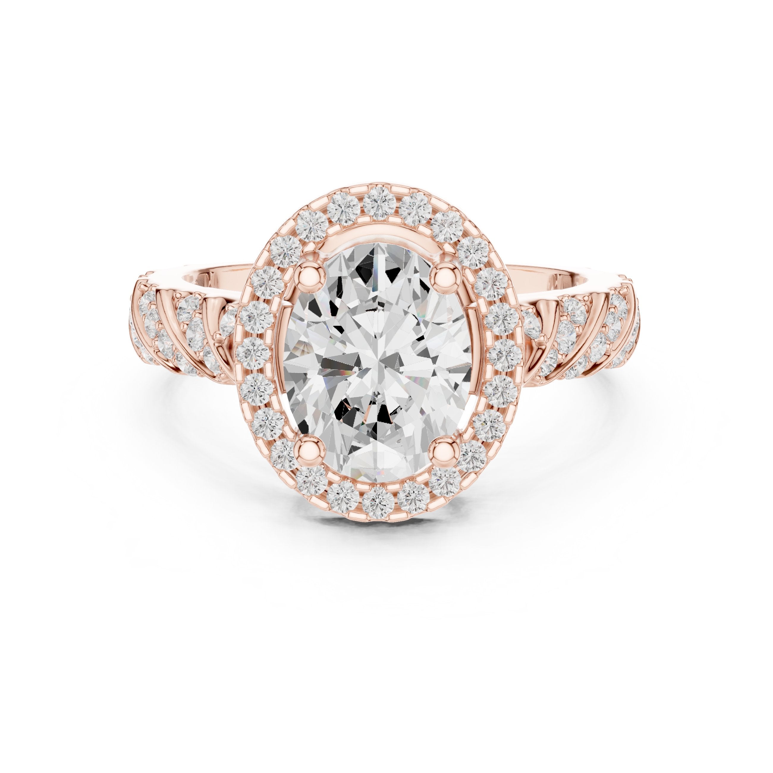 Oval Diamond Halo Engagement Ring with Sculpted Pavé Shoulders in Rose Gold - VYKA Diamonds