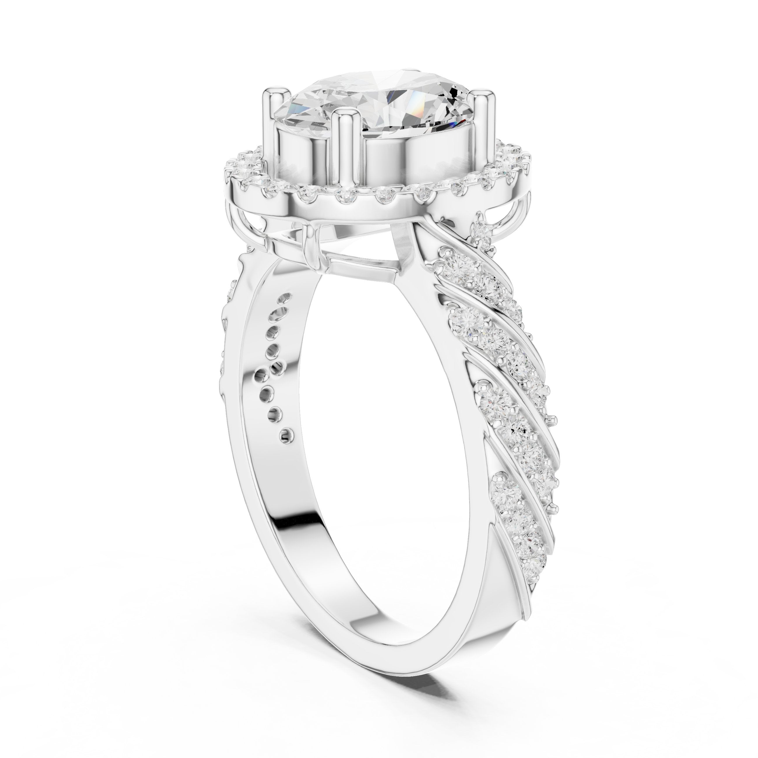 Oval Diamond Halo Engagement Ring with Sculpted Pavé Shoulders in White Gold - VYKA Diamonds