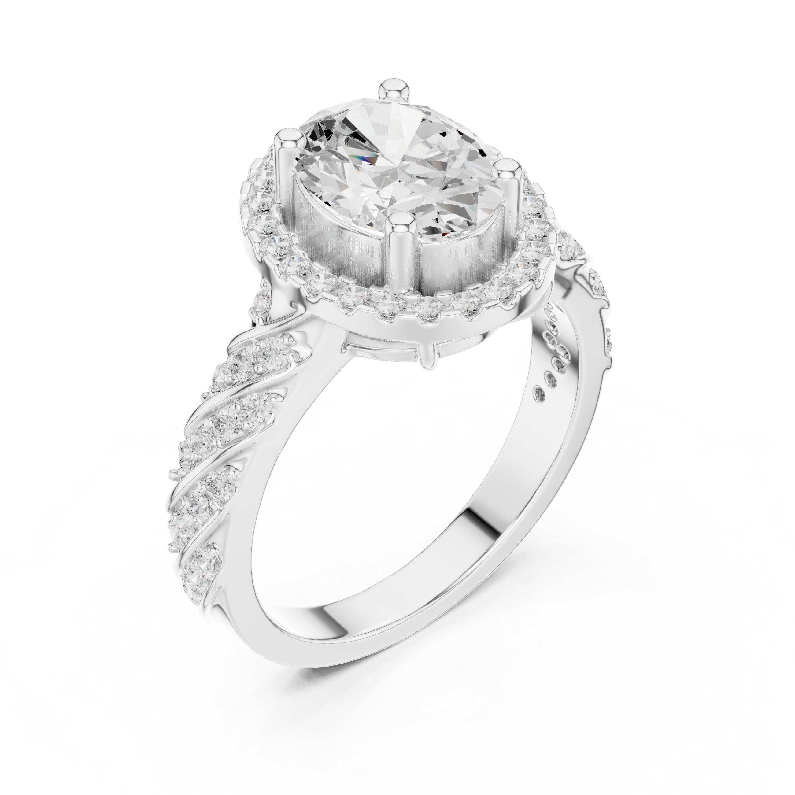 Oval Diamond Halo Engagement Ring with Sculpted Pavé Shoulders in White Gold - VYKA Diamonds
